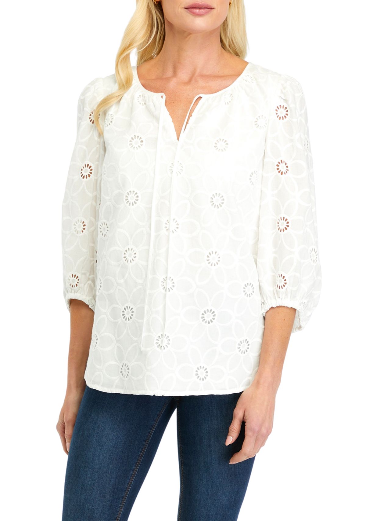 Womens Floral Eyelet 3/4 Sleeve Blouse