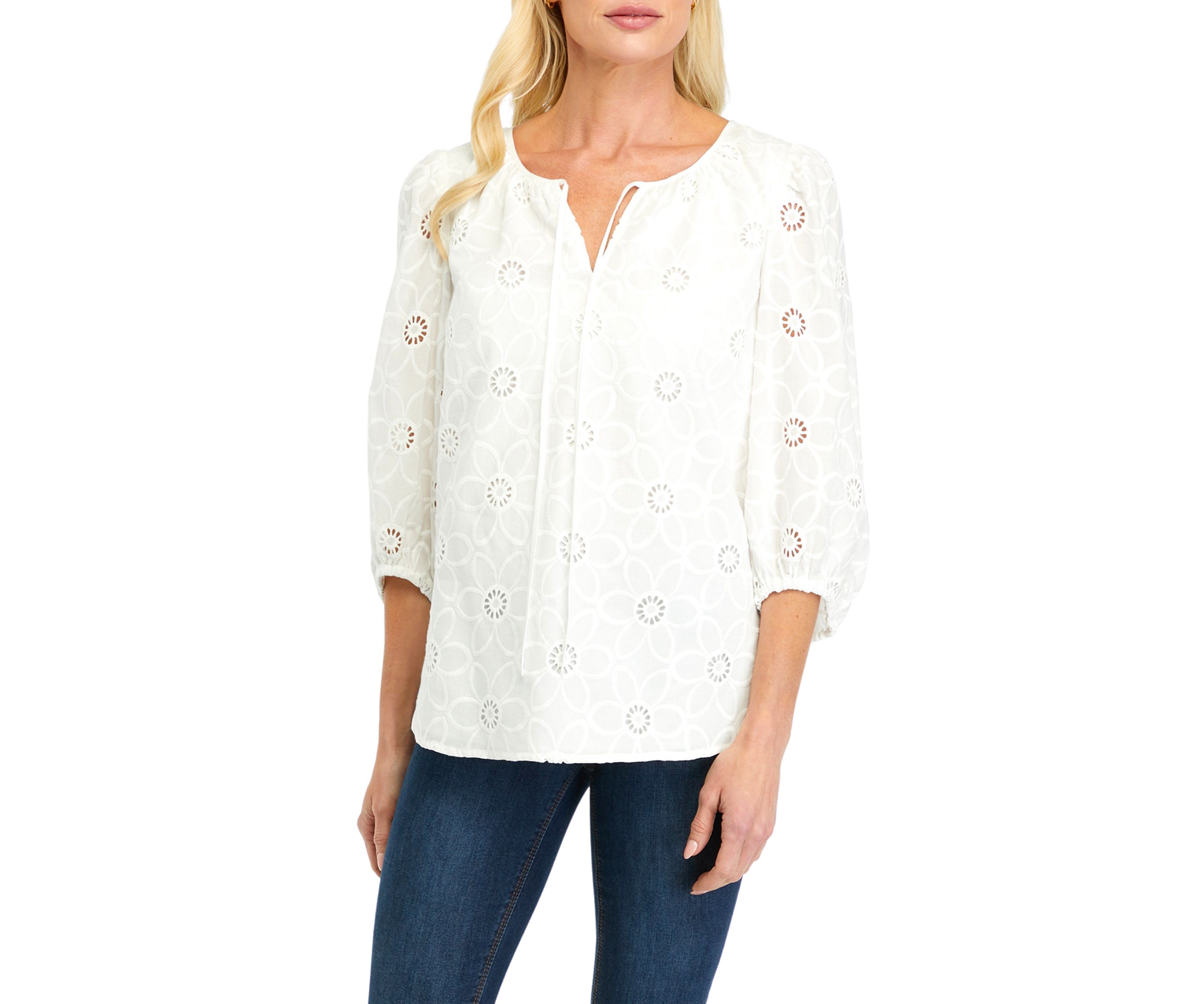 Womens Floral Eyelet 3/4 Sleeve Blouse