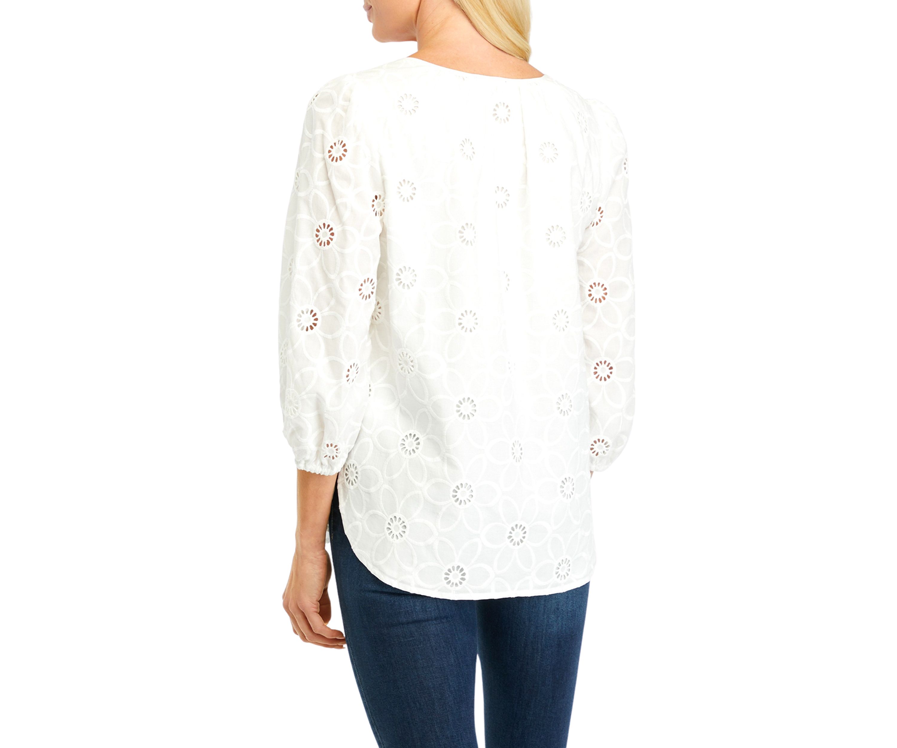 Womens Floral Eyelet 3/4 Sleeve Blouse