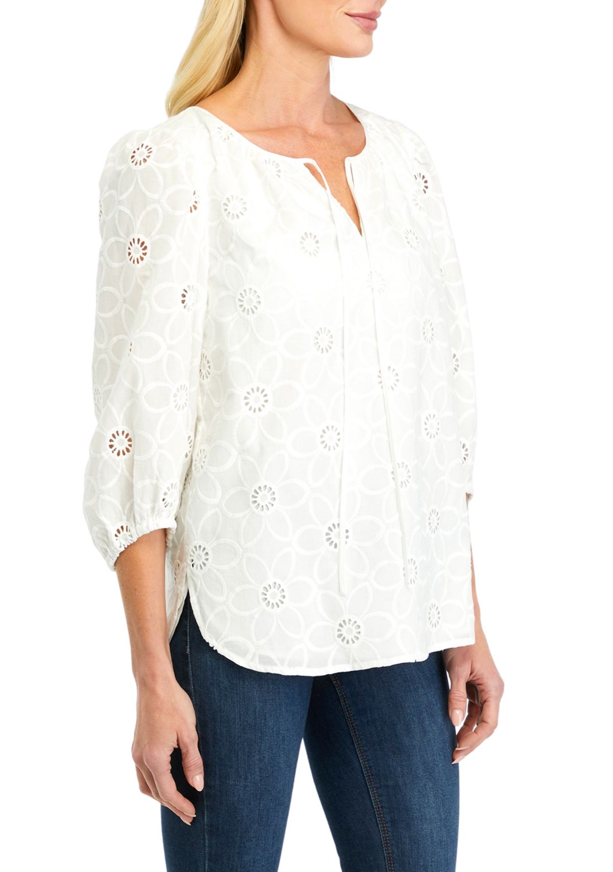 Womens Floral Eyelet 3/4 Sleeve Blouse