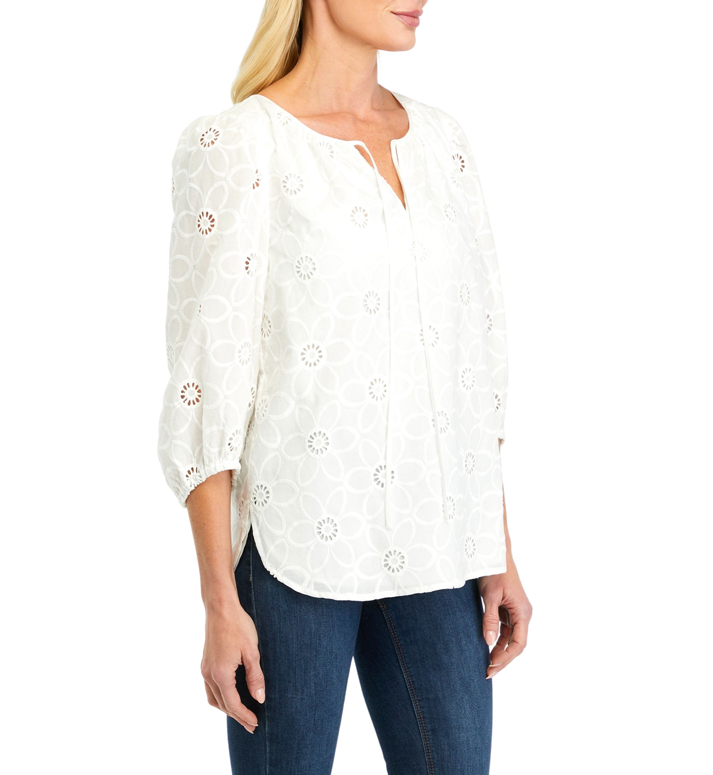 Womens Floral Eyelet 3/4 Sleeve Blouse