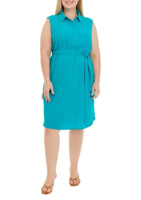 THE LIMITED Women's Plus Size Sleeveless Shirtdress, Teal, 3X