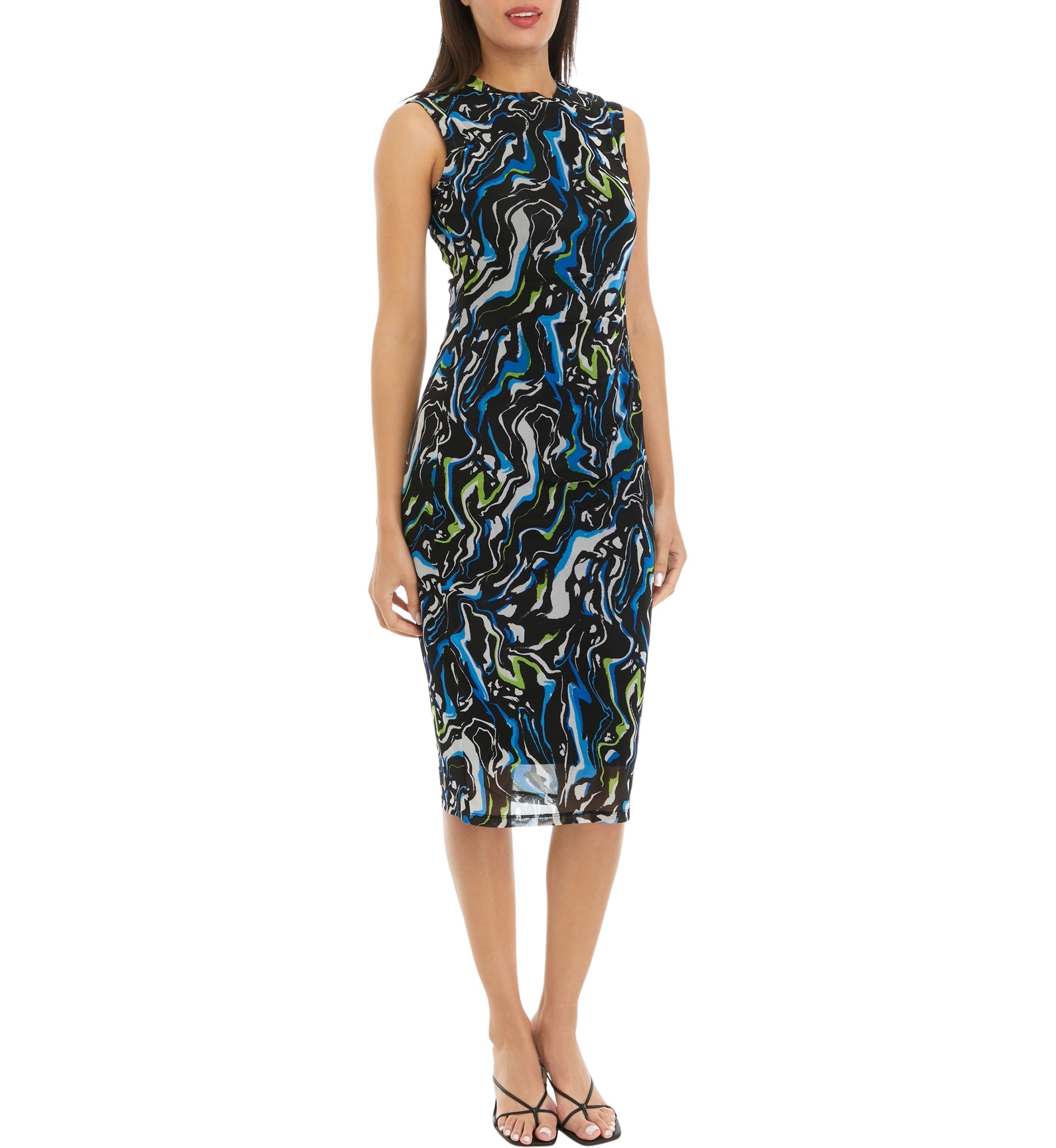 Womens Swirl Print Mesh Sleeveless Dress