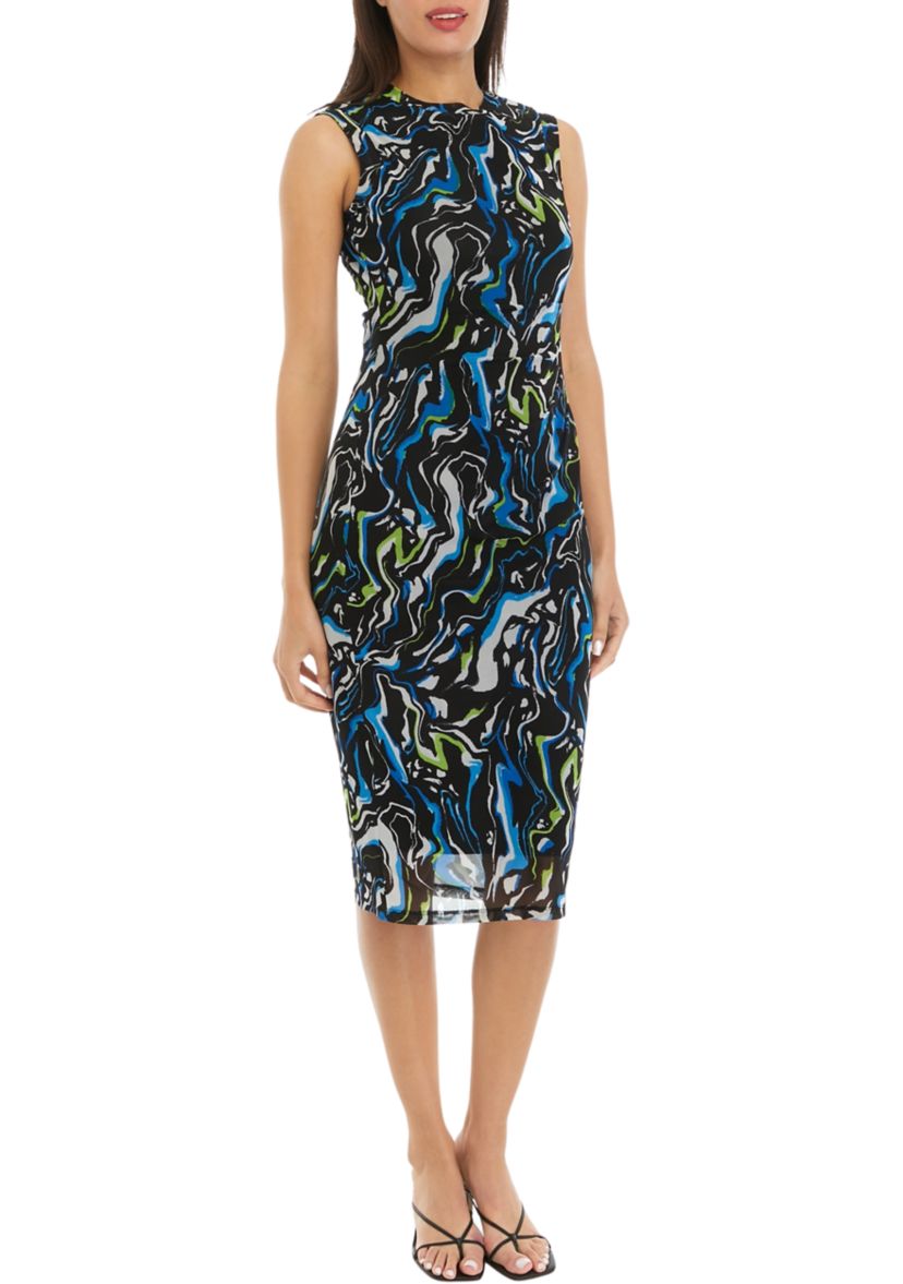 Womens Swirl Print Mesh Sleeveless Dress