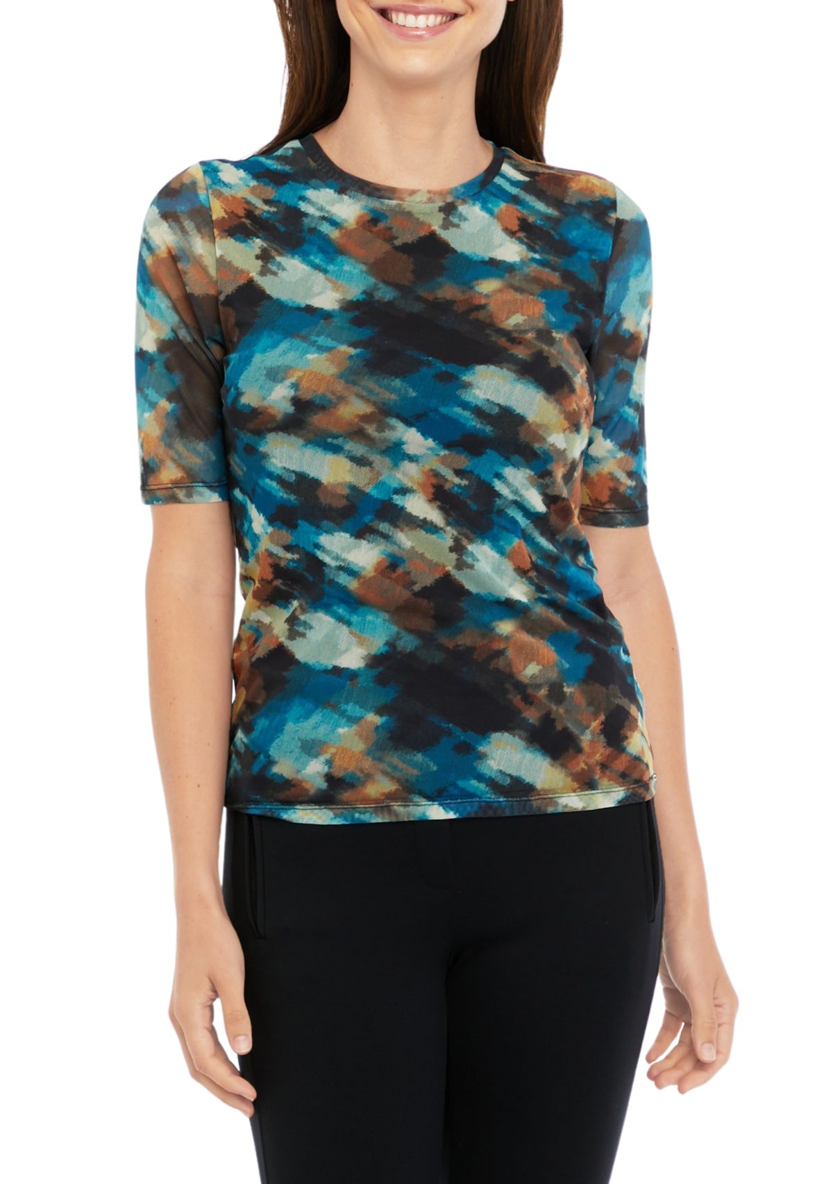 Womens Short Sleeve Printed Mesh Top