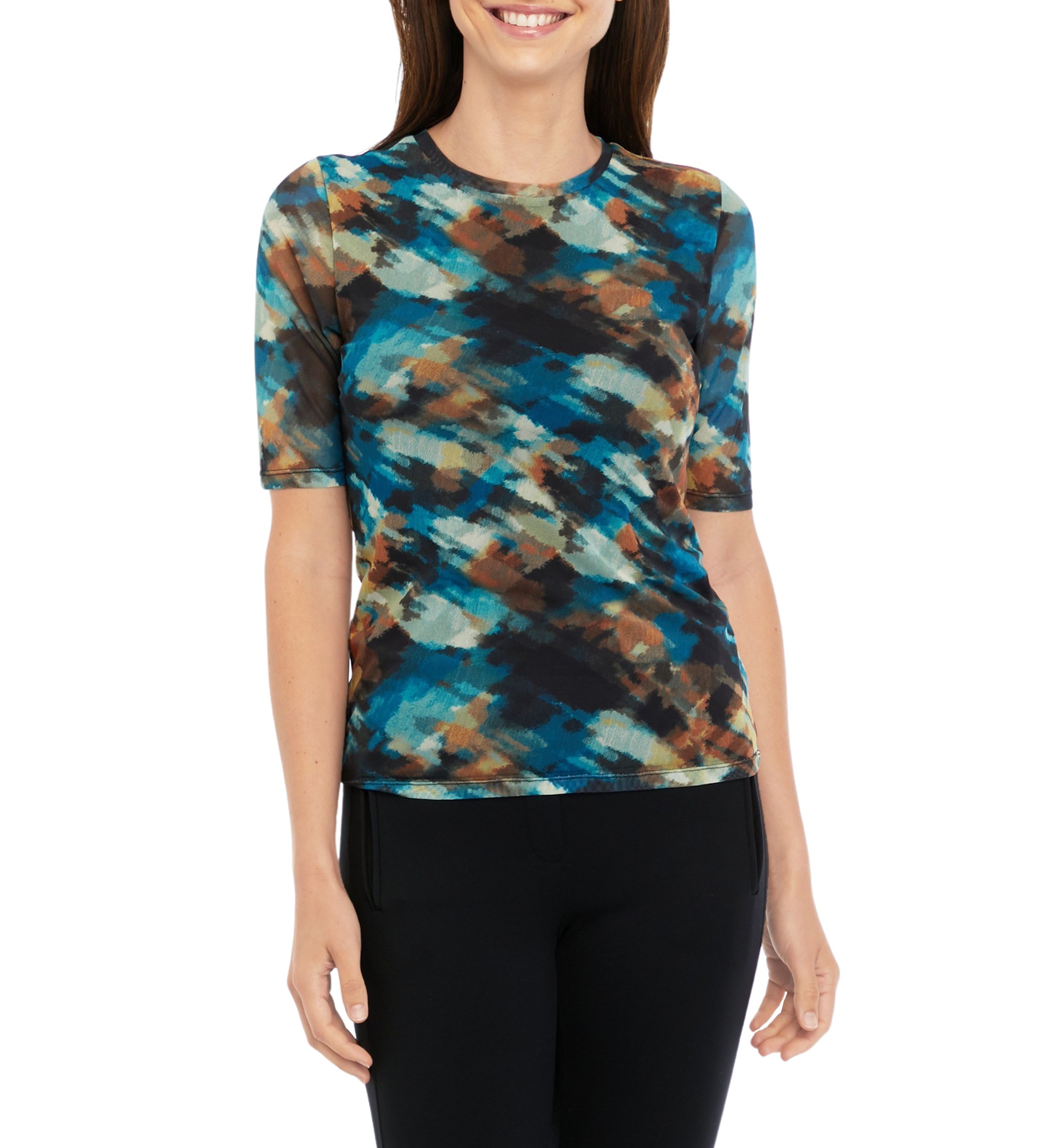 Womens Short Sleeve Printed Mesh Top