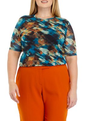 THE LIMITED Women's Plus Size Watercolor Print Mesh Top, Teal, 0X