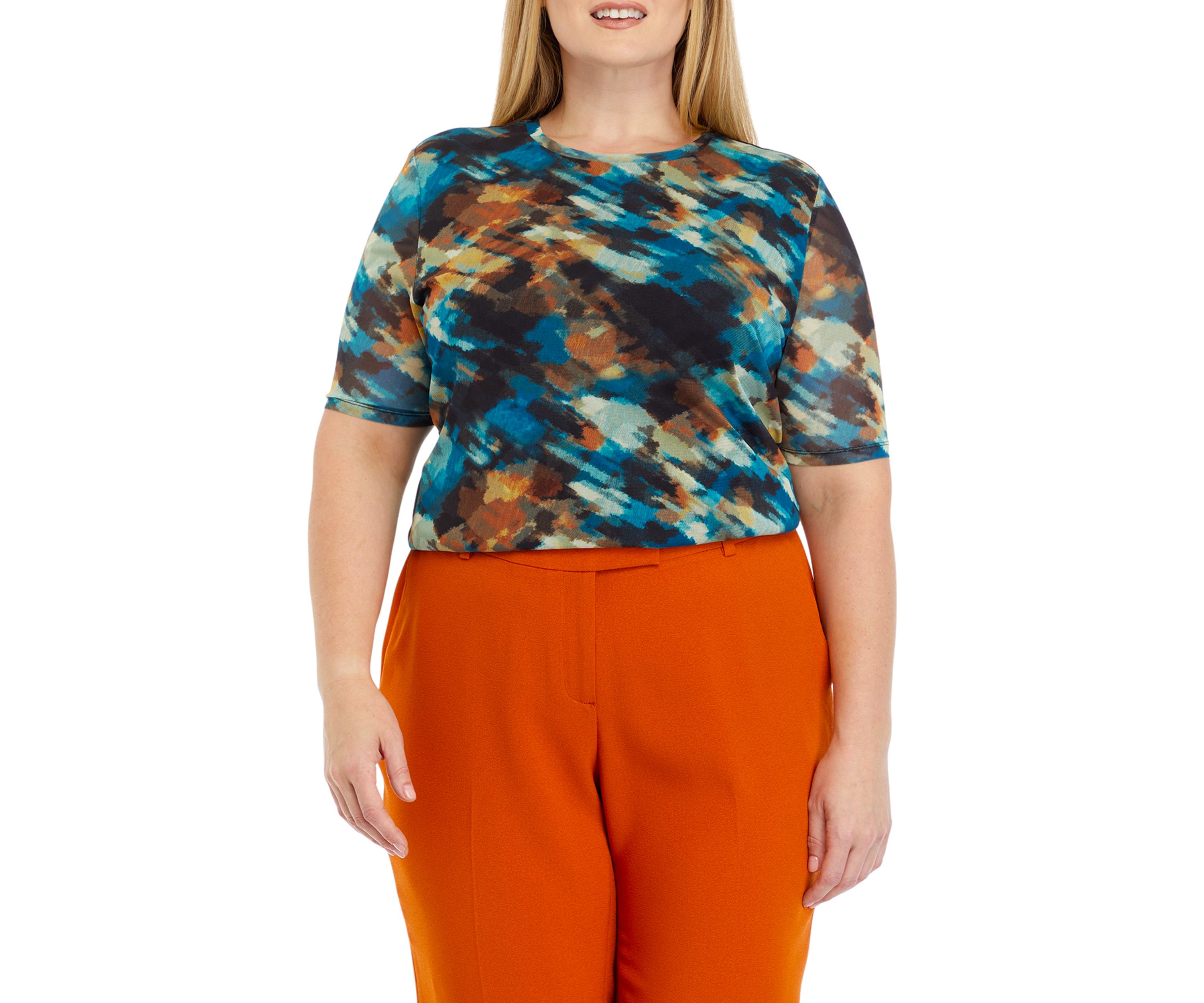 Plus Size Watercolor Print Mesh Top 
