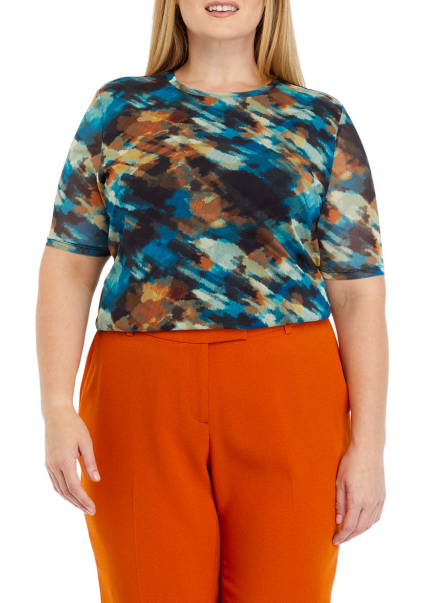 Plus Size Watercolor Print Mesh Top 