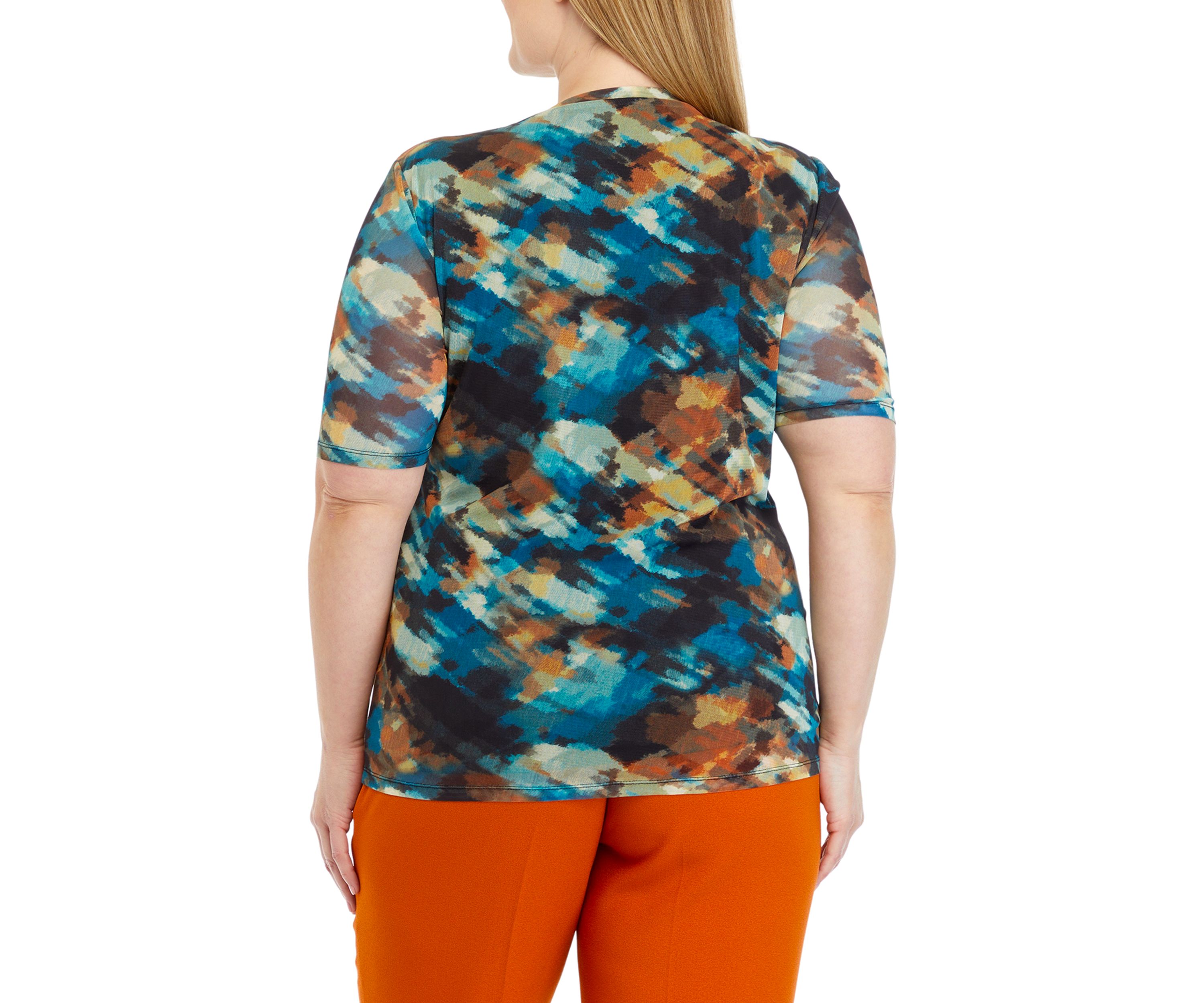 Plus Size Watercolor Print Mesh Top 