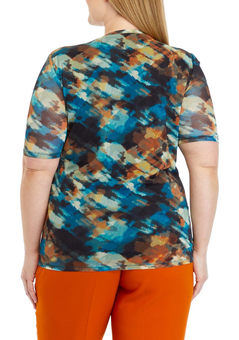 Plus Size Watercolor Print Mesh Top 