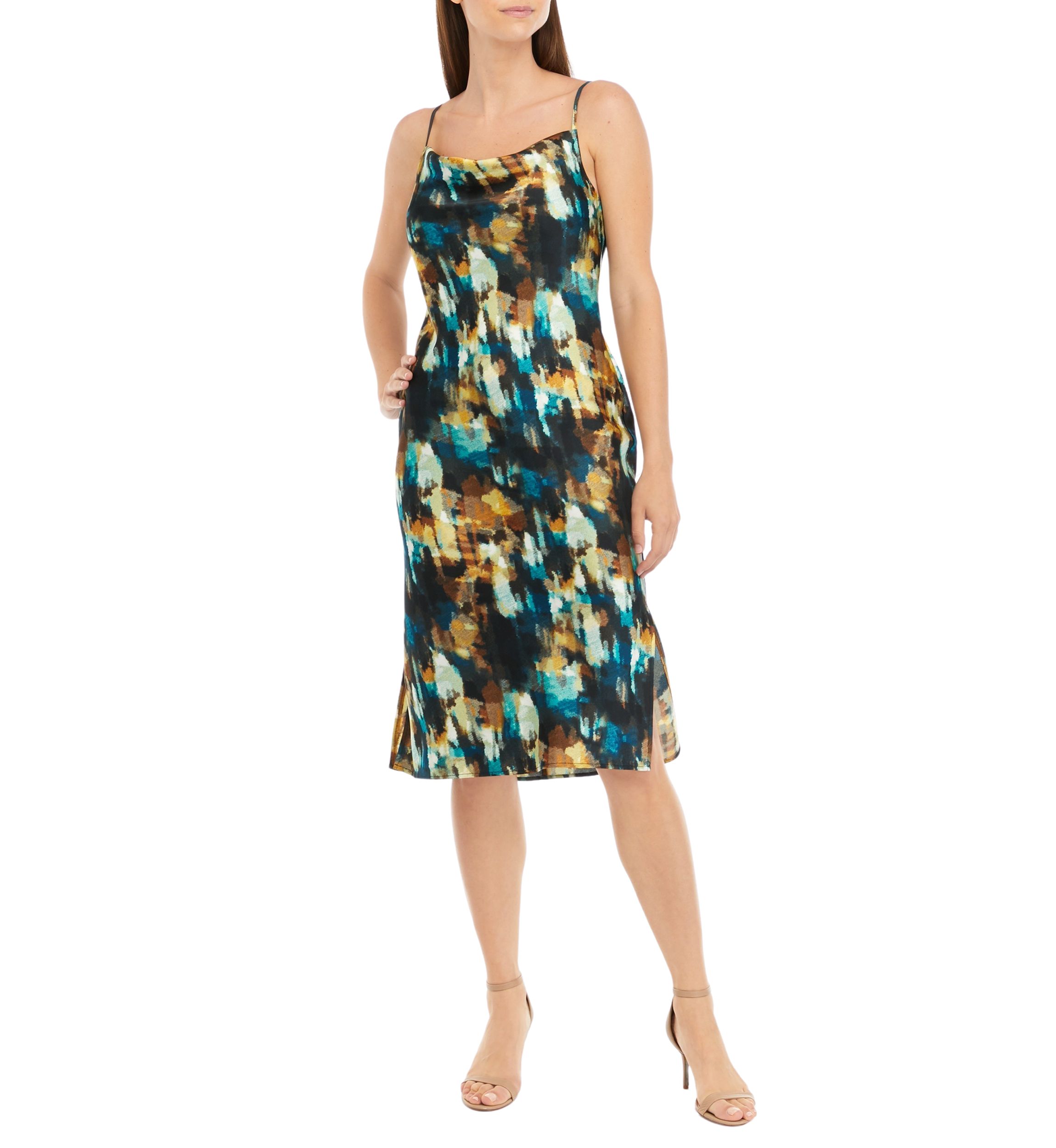 Petite Watercolor Print Cowl Neck Dress