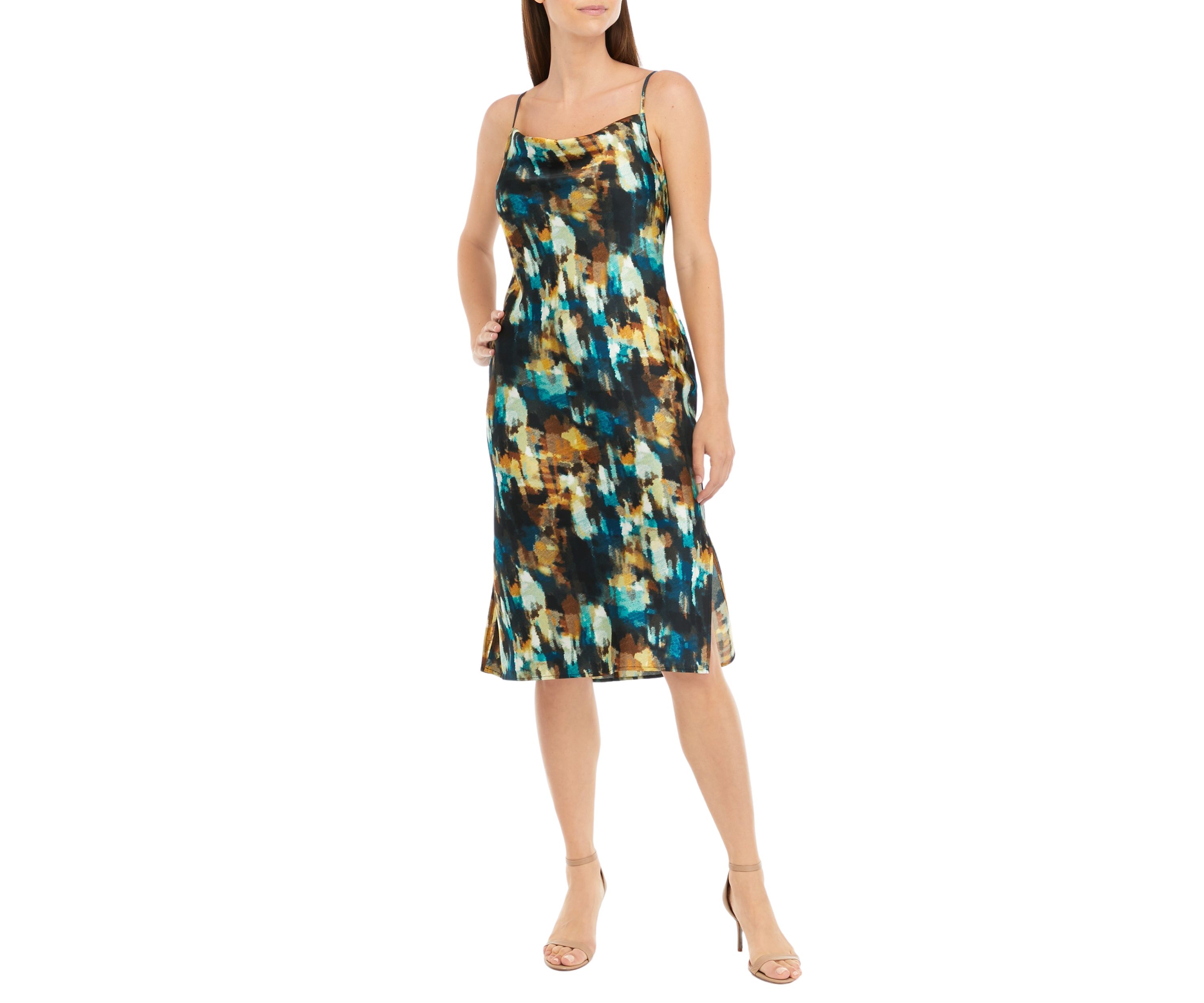 Petite Watercolor Print Cowl Neck Dress