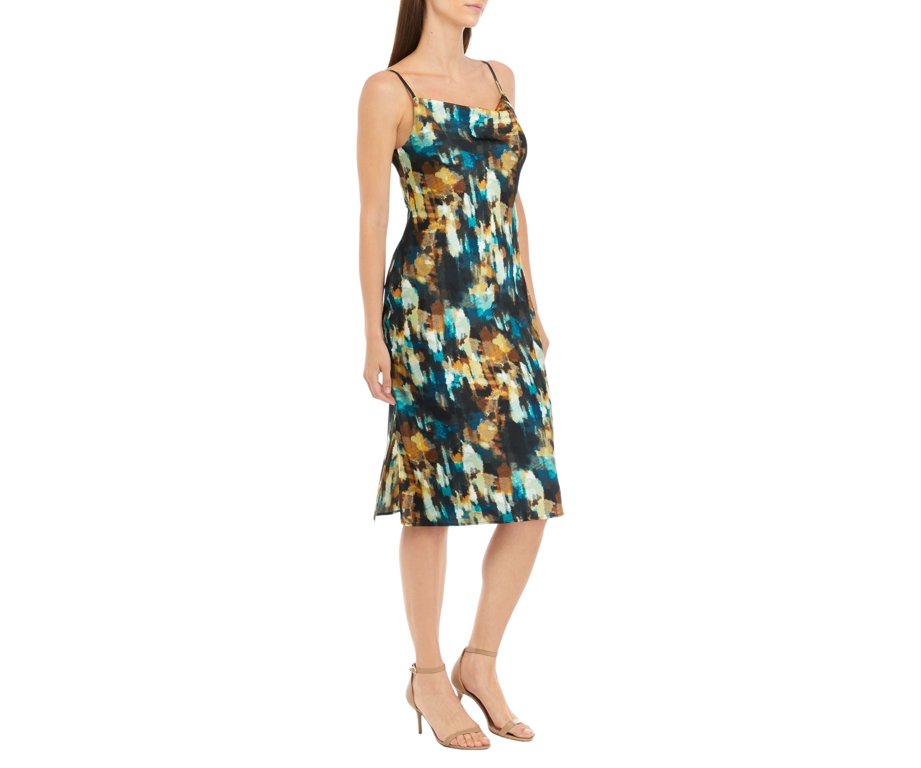 Petite Watercolor Print Cowl Neck Dress