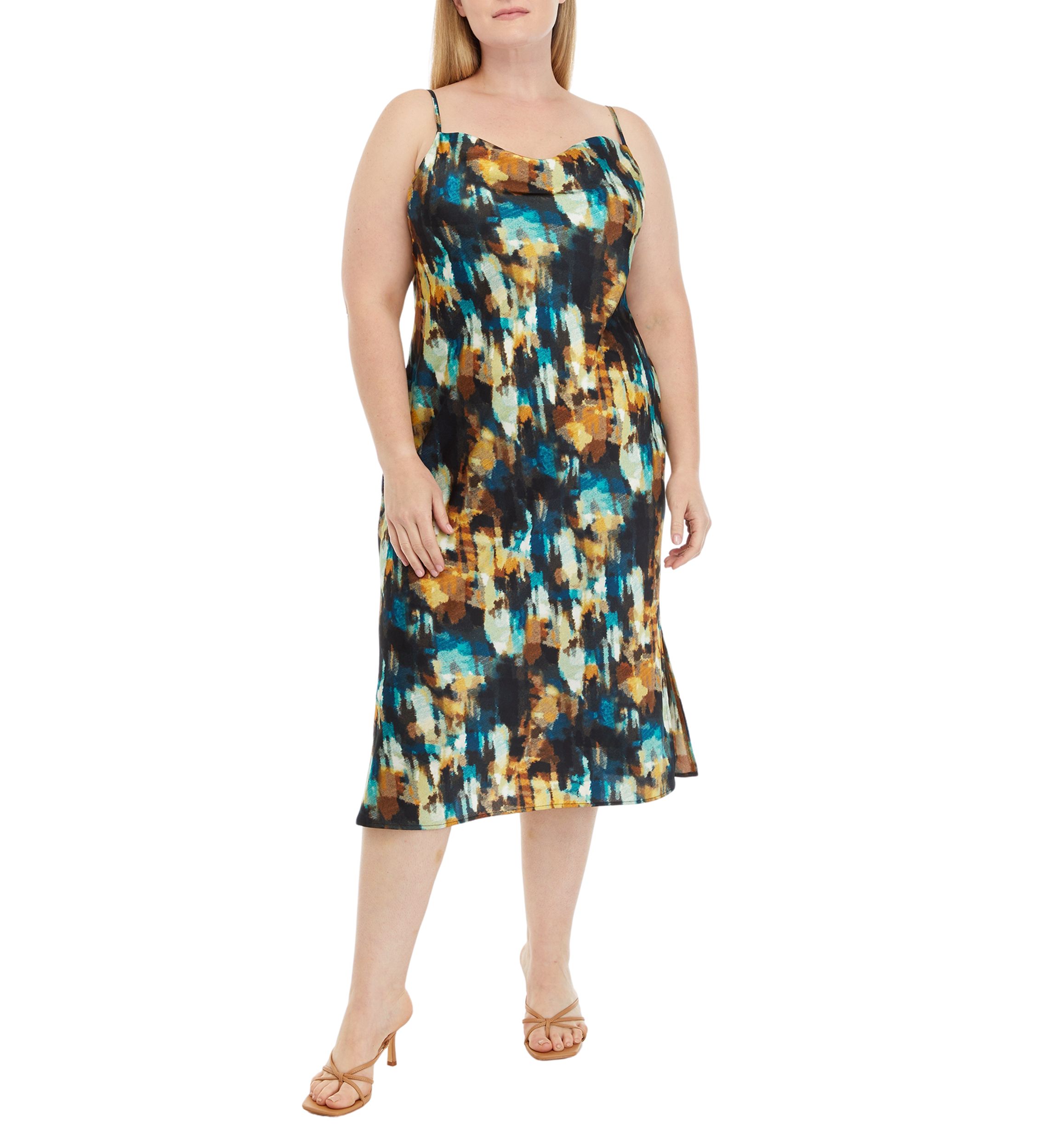 Plus Size Sleeveless Watercolor Print Cowl Neck Dress