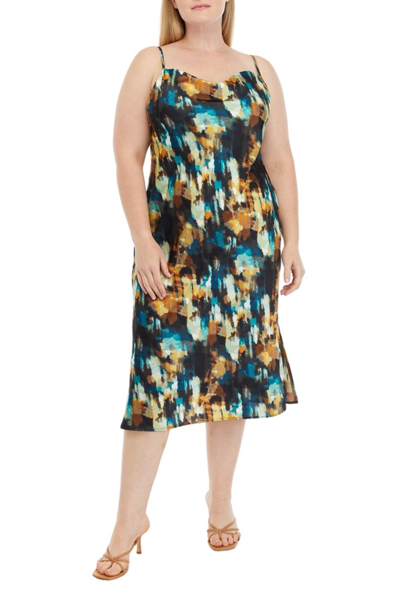 Plus Size Sleeveless Watercolor Print Cowl Neck Dress