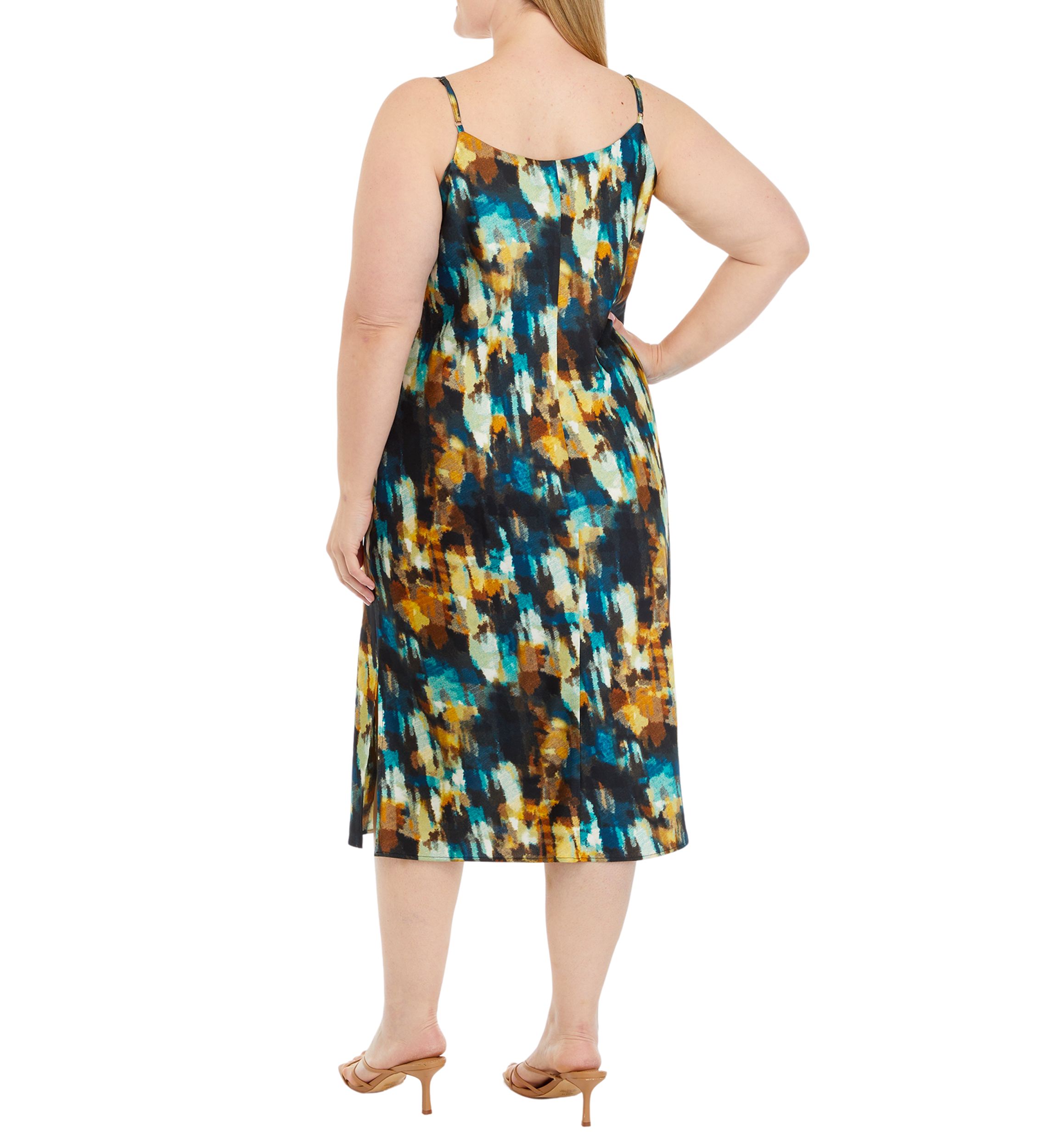 Plus Size Sleeveless Watercolor Print Cowl Neck Dress