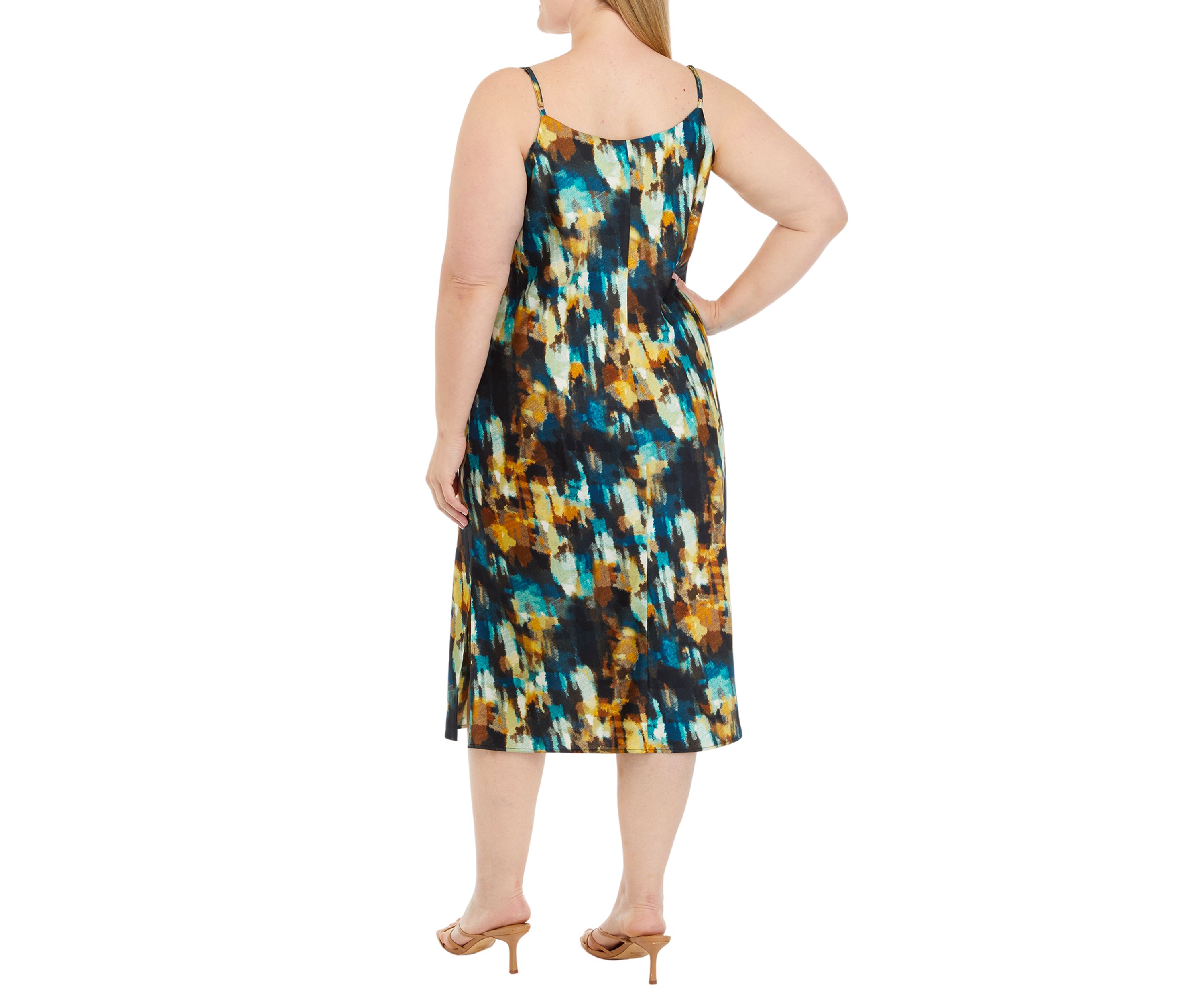 Plus Size Sleeveless Watercolor Print Cowl Neck Dress