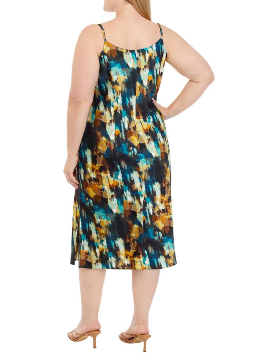Plus Size Sleeveless Watercolor Print Cowl Neck Dress
