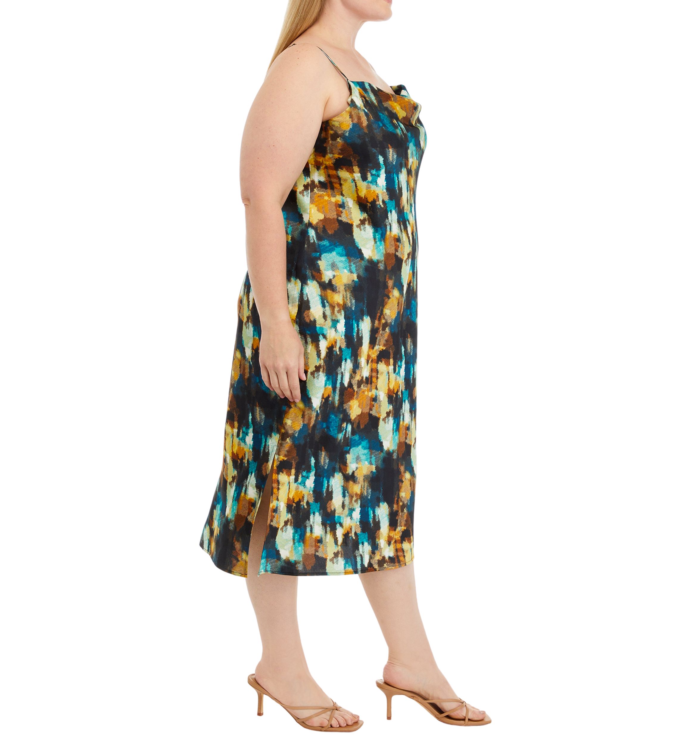 Plus Size Sleeveless Watercolor Print Cowl Neck Dress