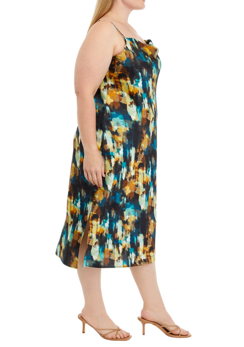 Plus Size Sleeveless Watercolor Print Cowl Neck Dress