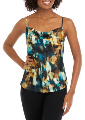 THE LIMITED Women's Watercolor Printed Cowl Neck Blouse, Teal, Small