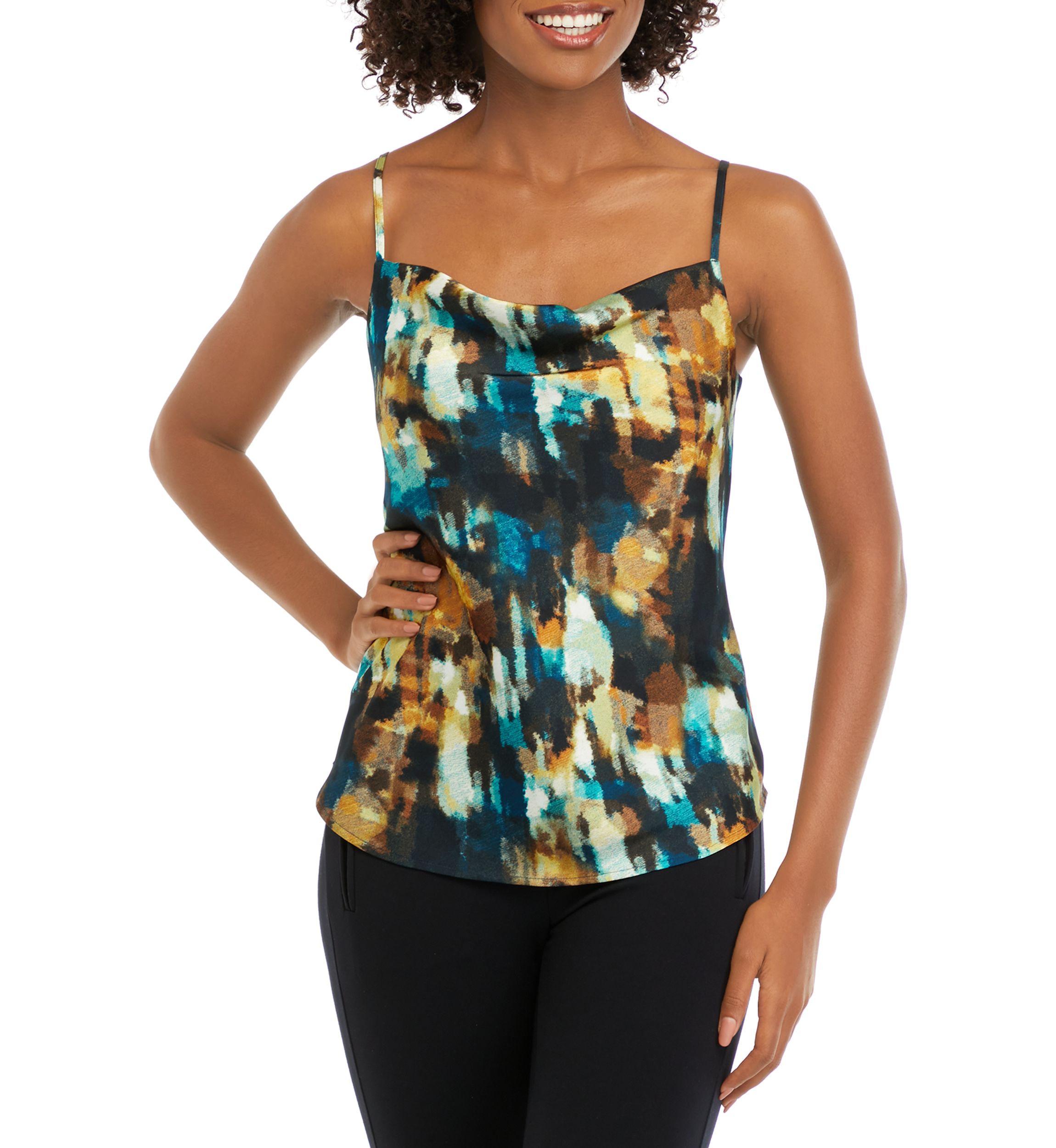Womens Watercolor Printed Cowl Neck Blouse