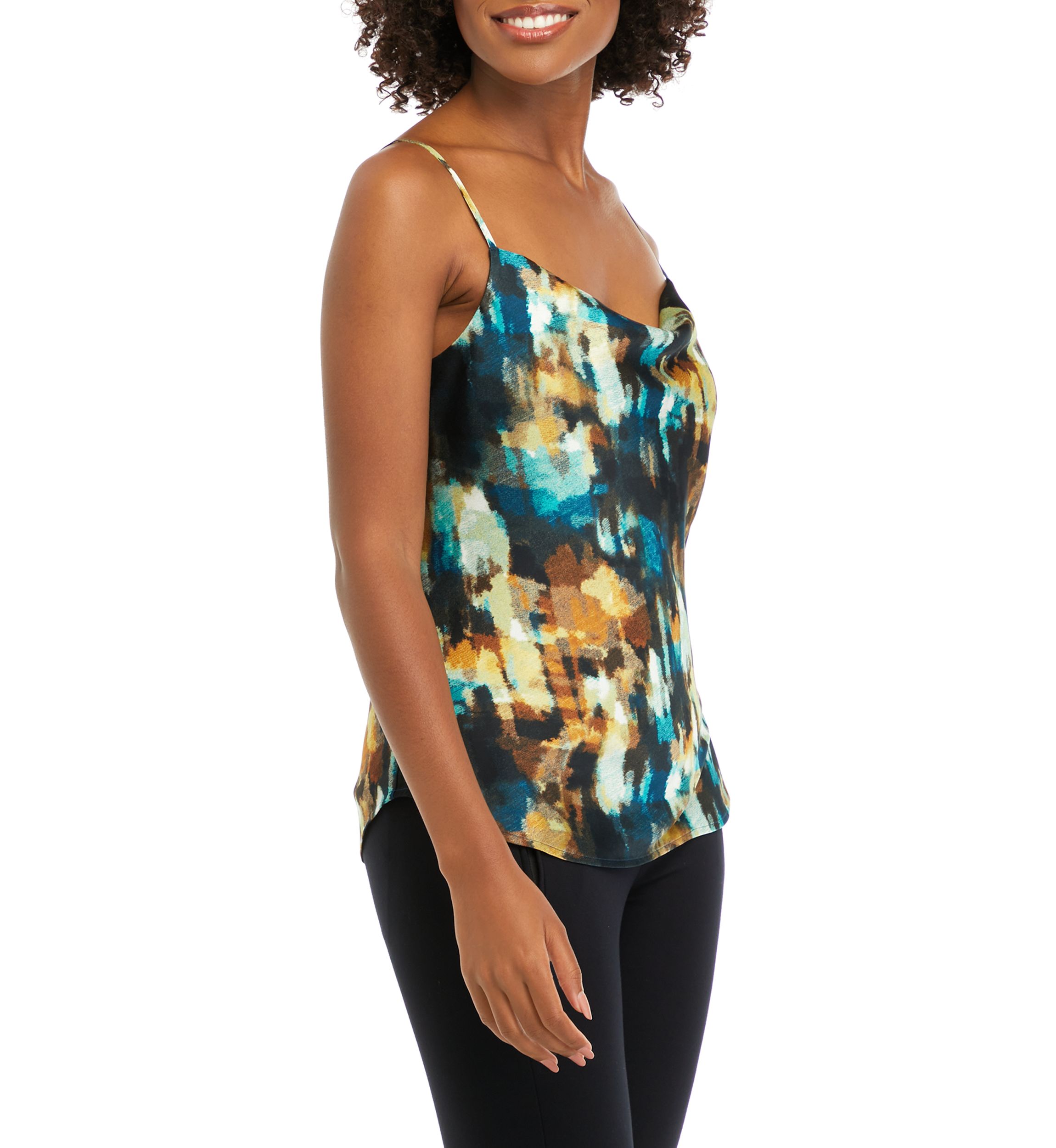 Womens Watercolor Printed Cowl Neck Blouse