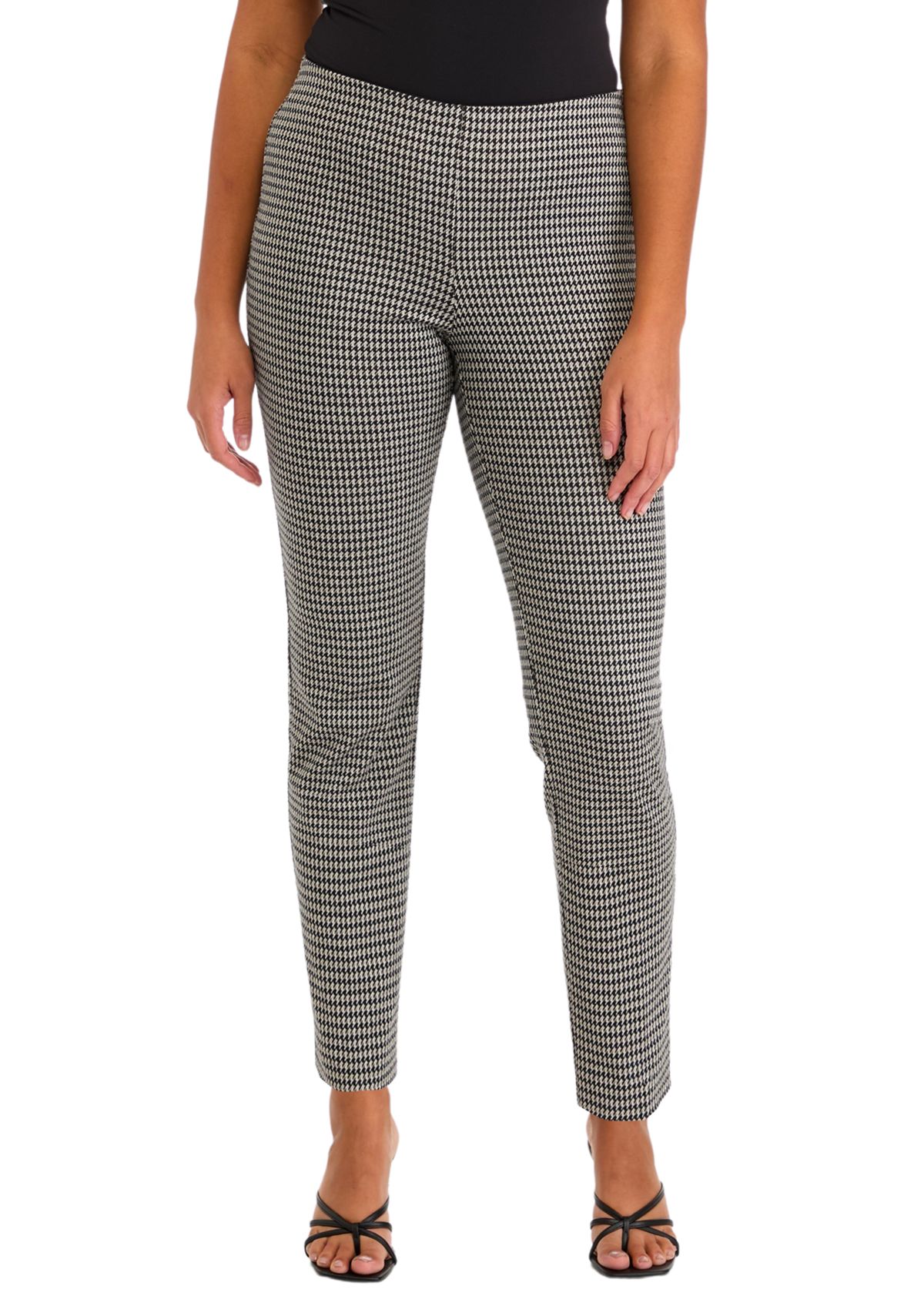 Womens Pull On Straight Ankle Houndstooth Ponte Pants
