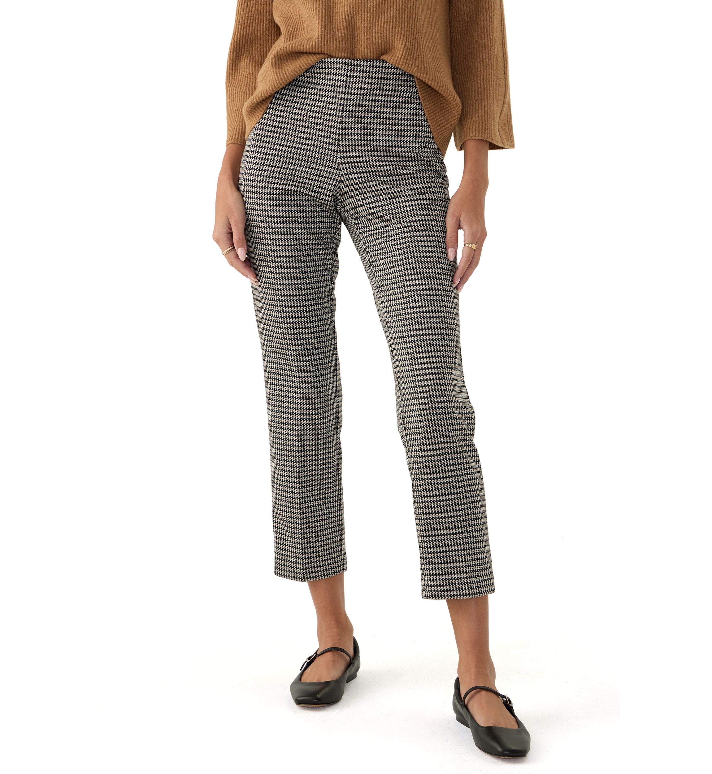Petite Pull On Straight Ankle Houndstooth Ponte Pants