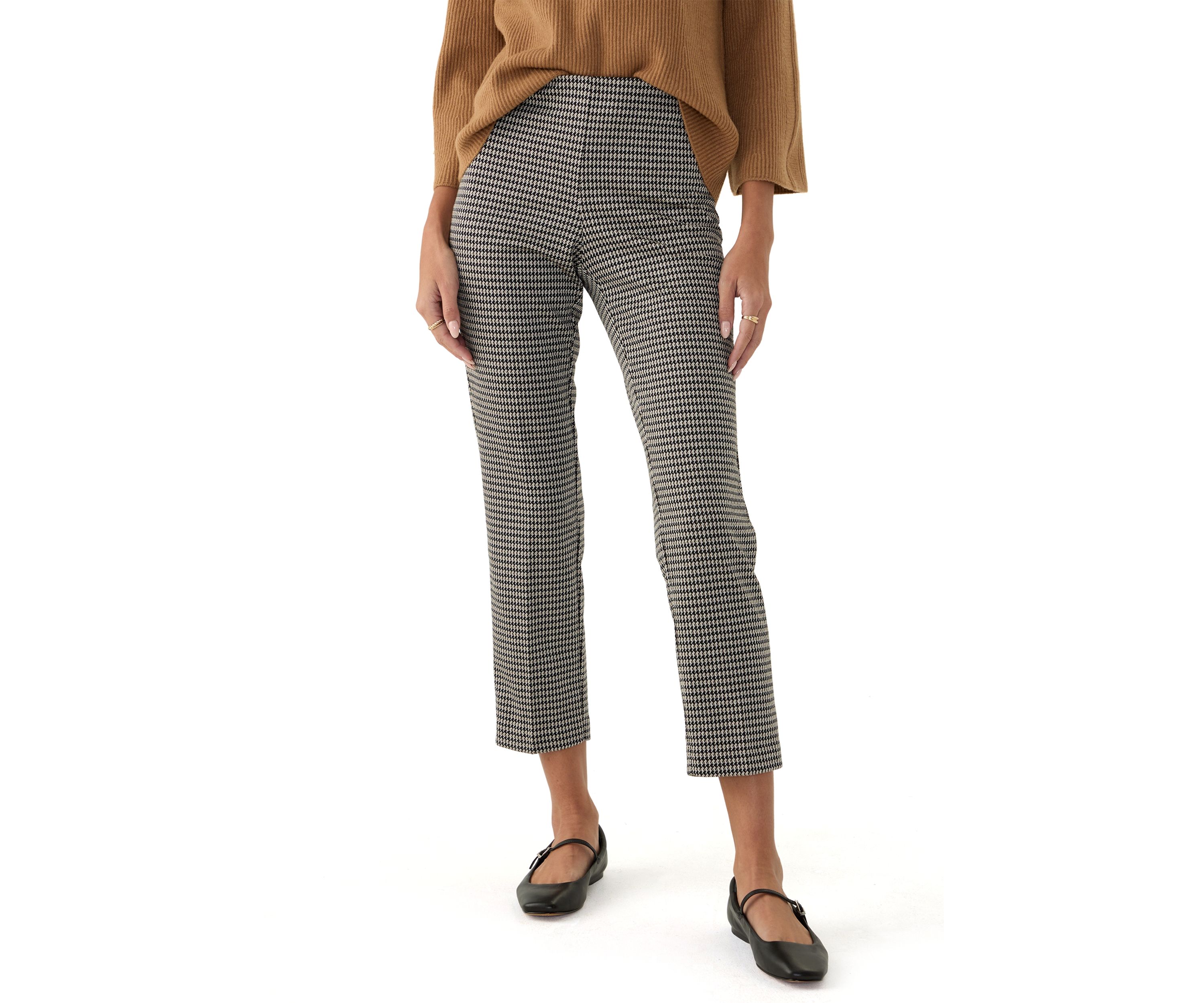 Petite Pull On Straight Ankle Houndstooth Ponte Pants