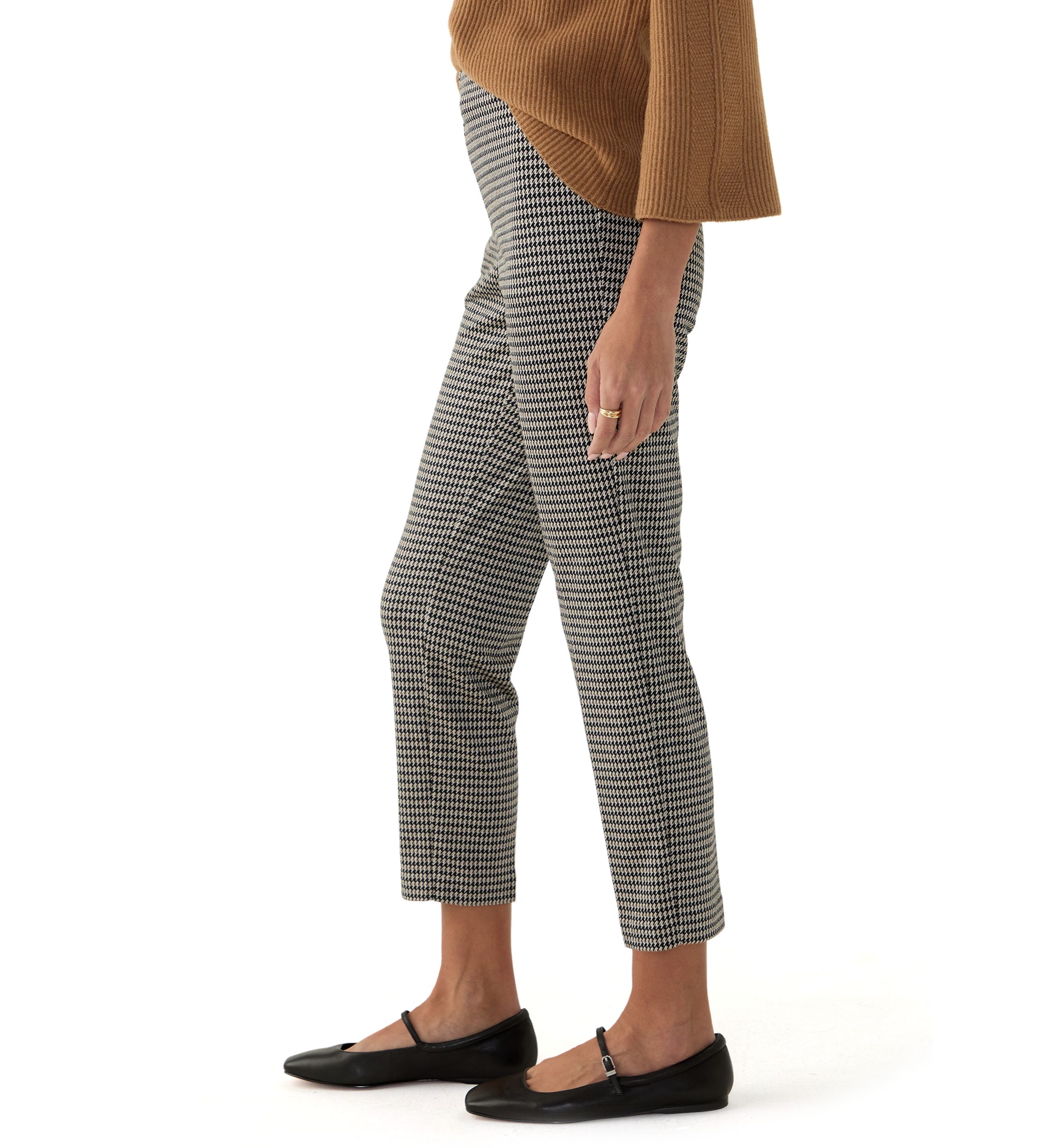 Petite Pull On Straight Ankle Houndstooth Ponte Pants