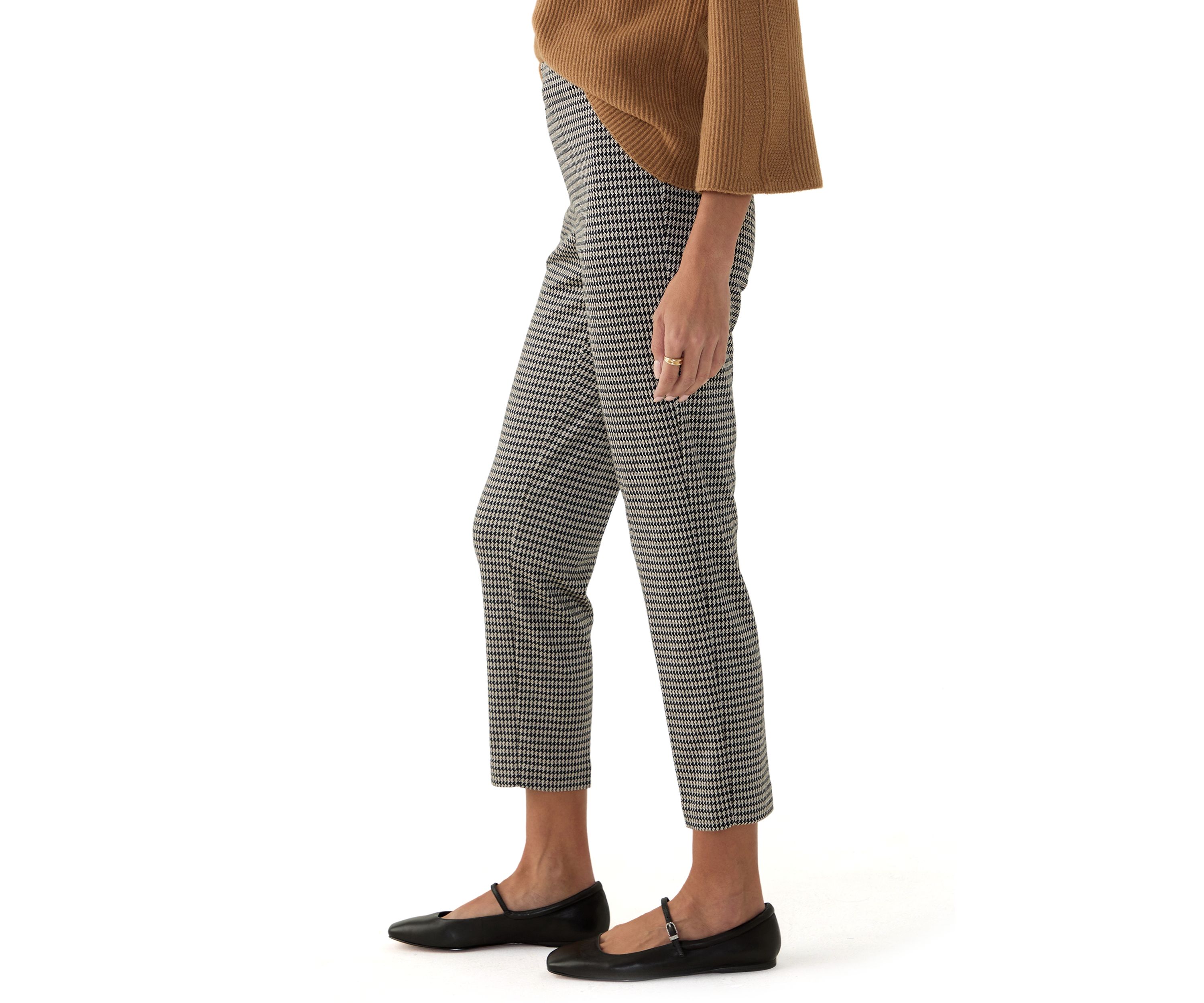 Petite Pull On Straight Ankle Houndstooth Ponte Pants