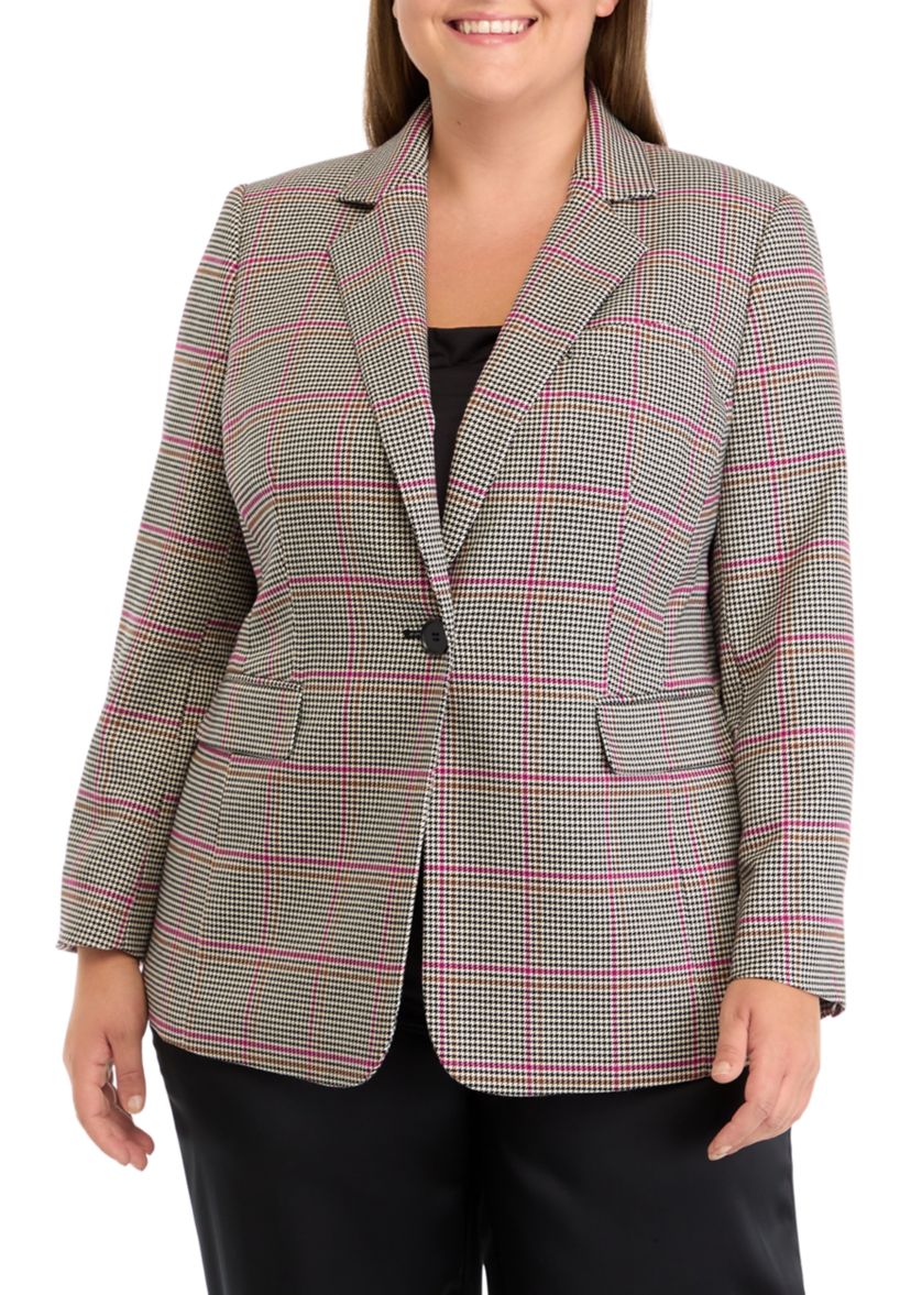 Plus Size Houndstooth One Button Jacket