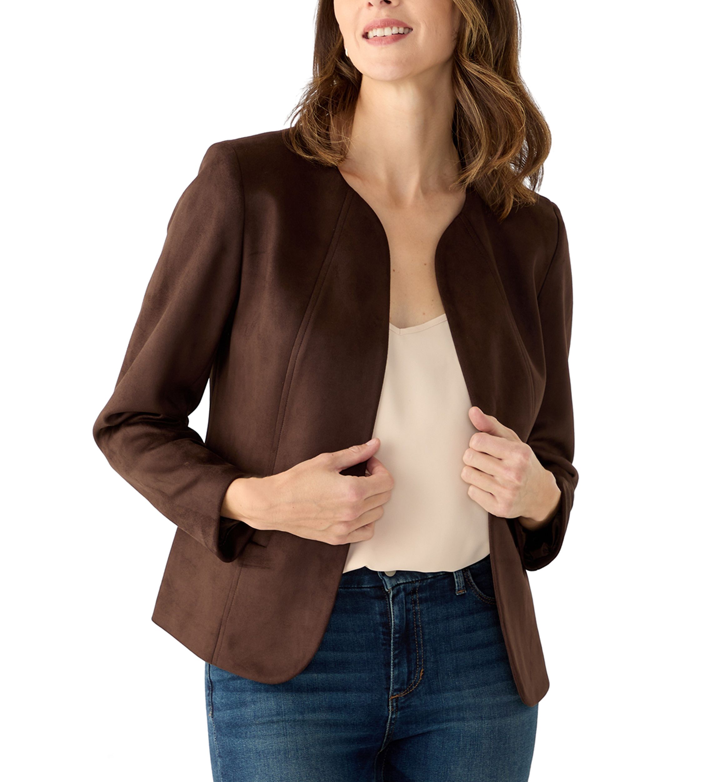 Womens Faux Suede Open Front Jacket