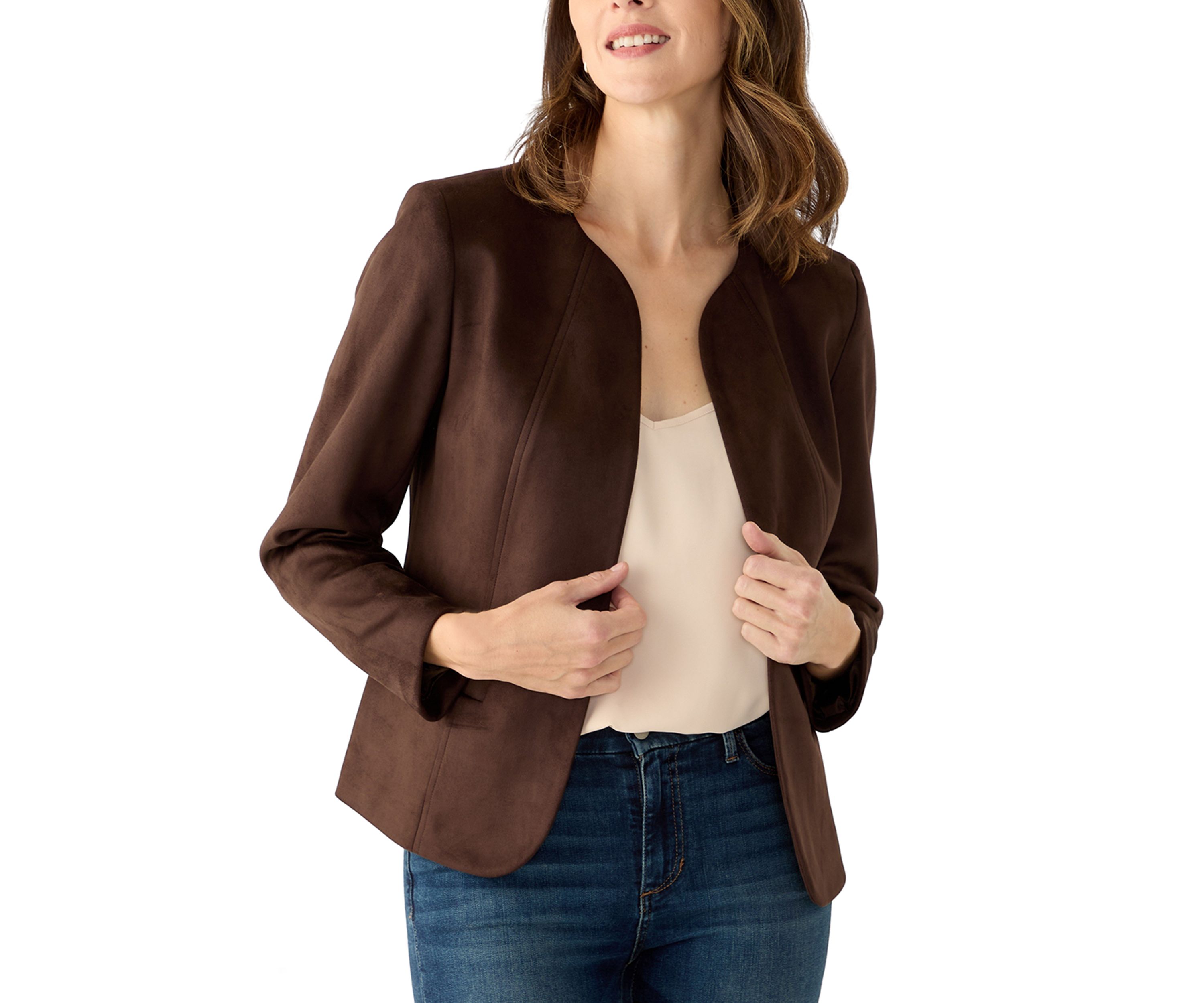 Womens Faux Suede Open Front Jacket