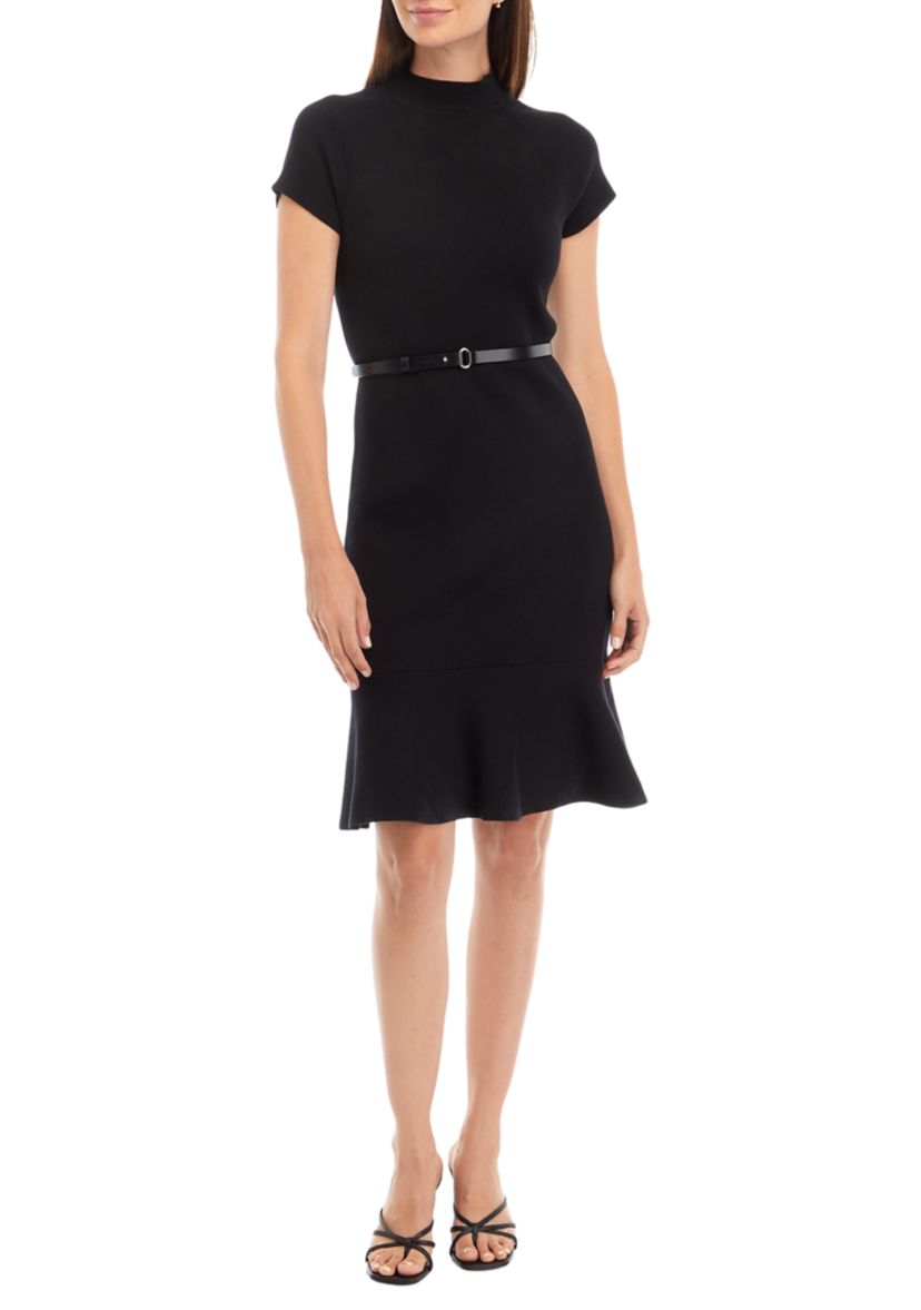 Womens Cap Sleeve Mock Neck Sweater Dress