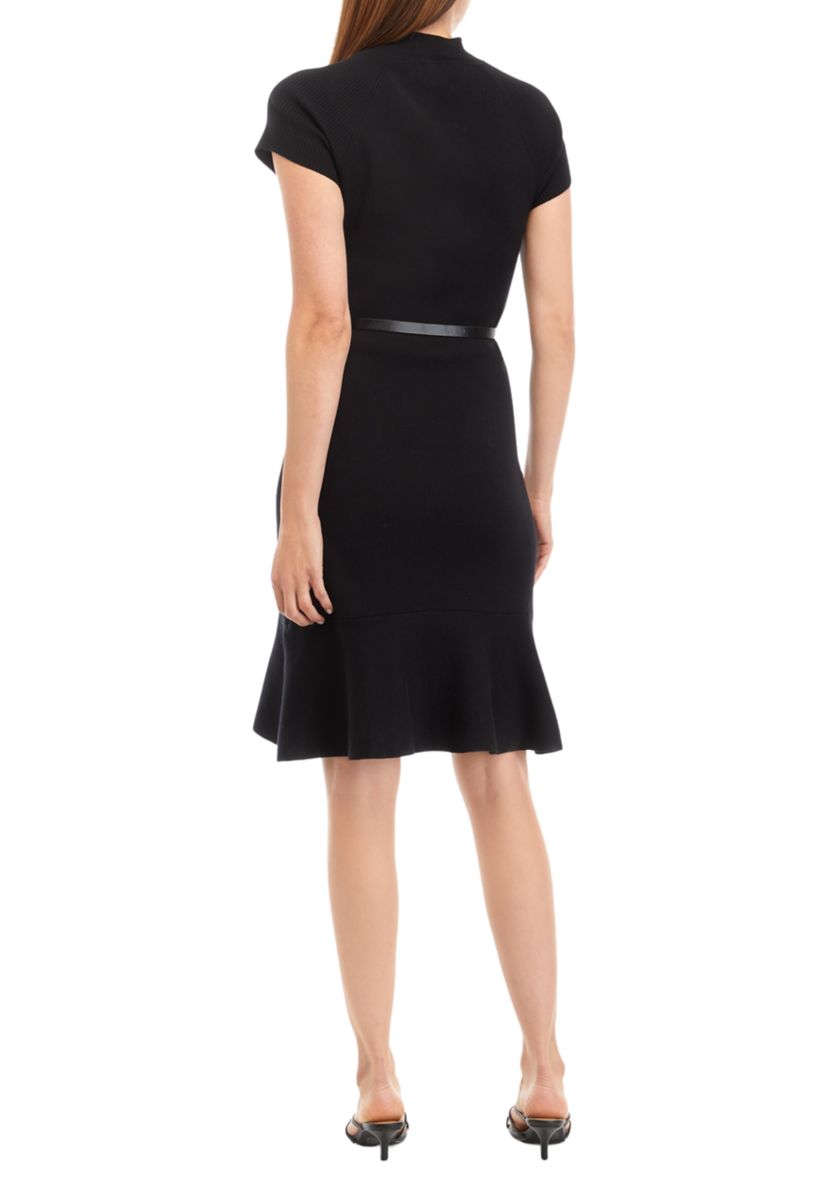 Womens Cap Sleeve Mock Neck Sweater Dress