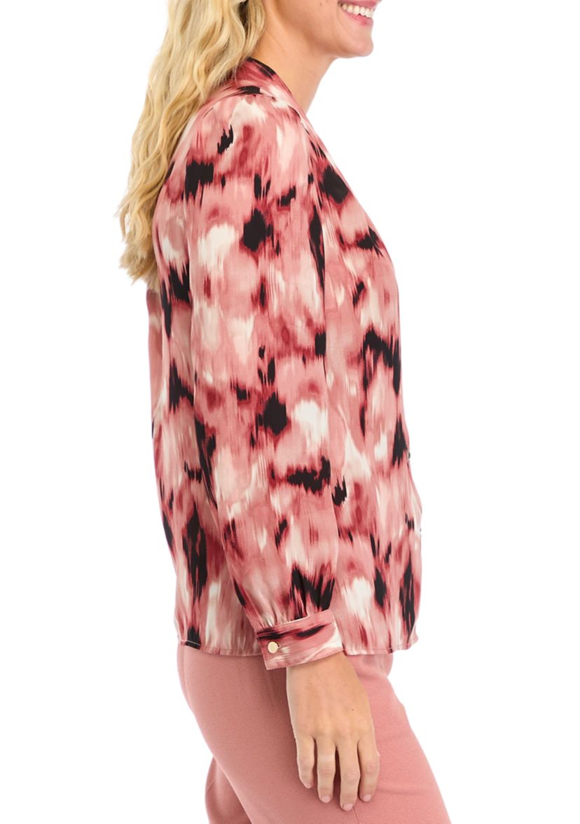 Womens Long Sleeve Blurred Print Collarless Button Front Blouse