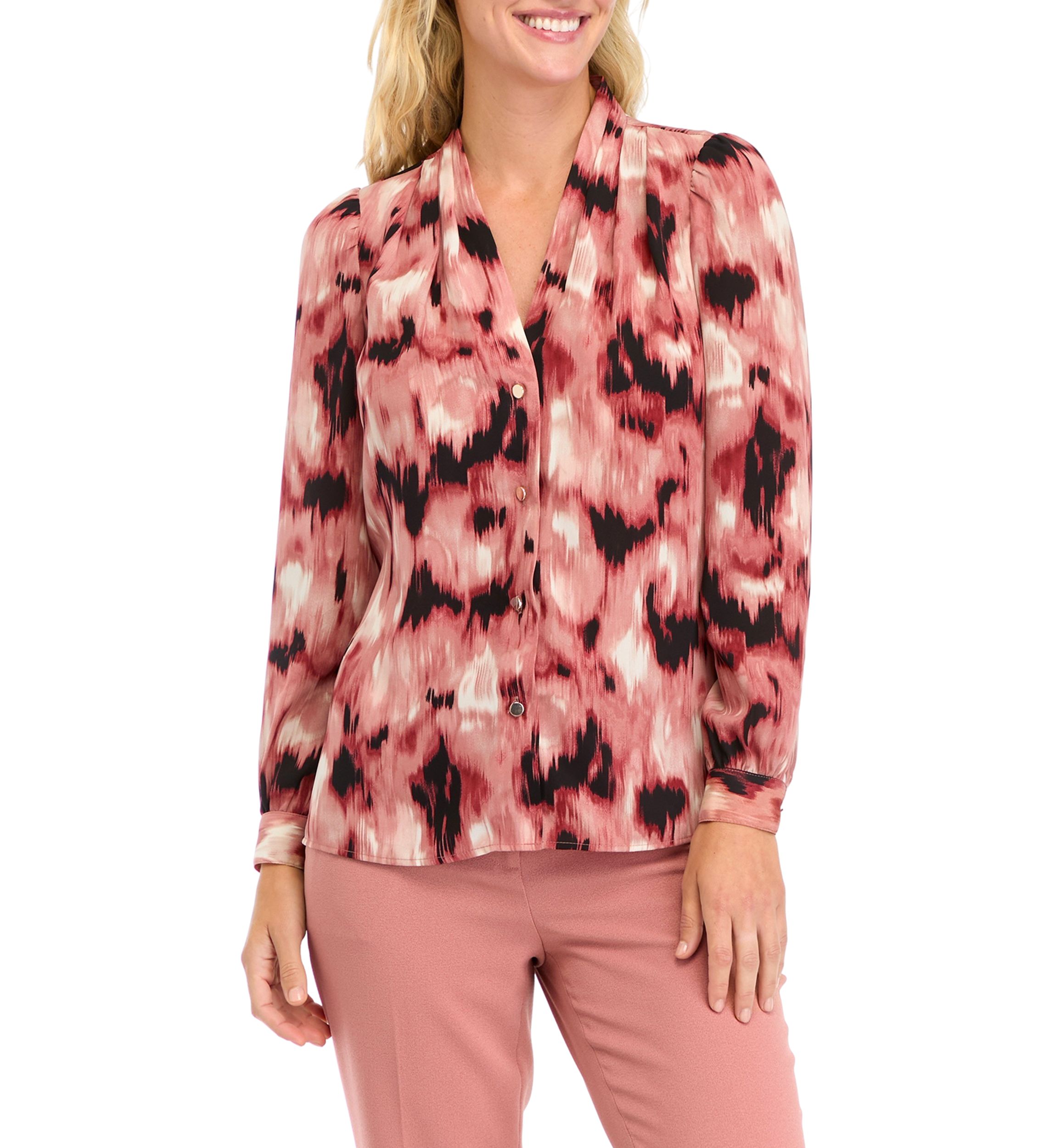 Petite Blurred Print Collarless Button Front Blouse