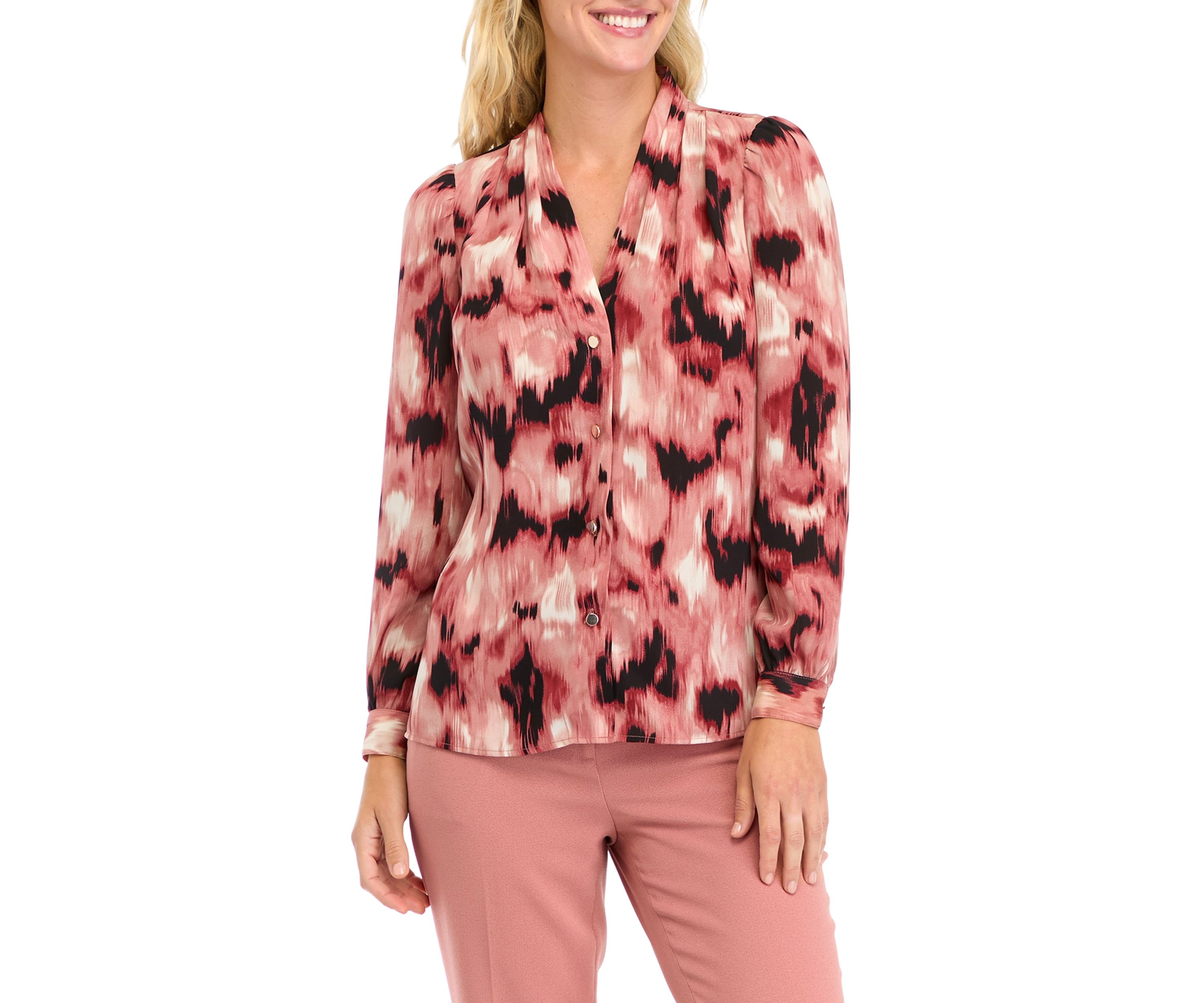 Petite Blurred Print Collarless Button Front Blouse