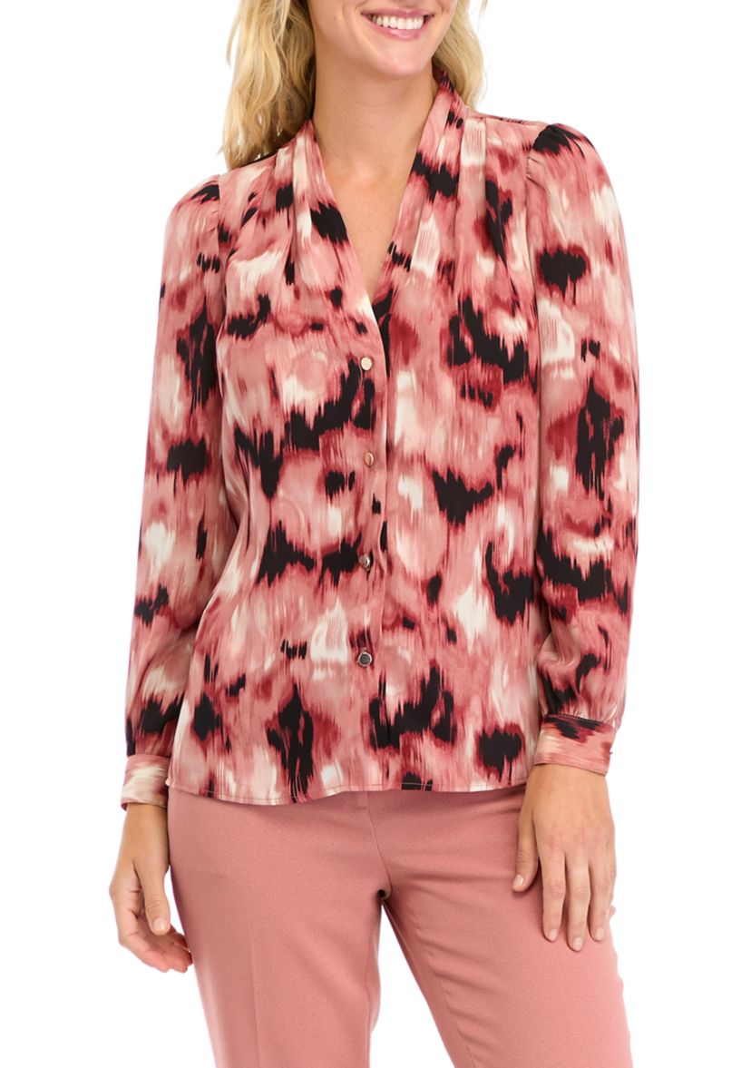 Petite Blurred Print Collarless Button Front Blouse