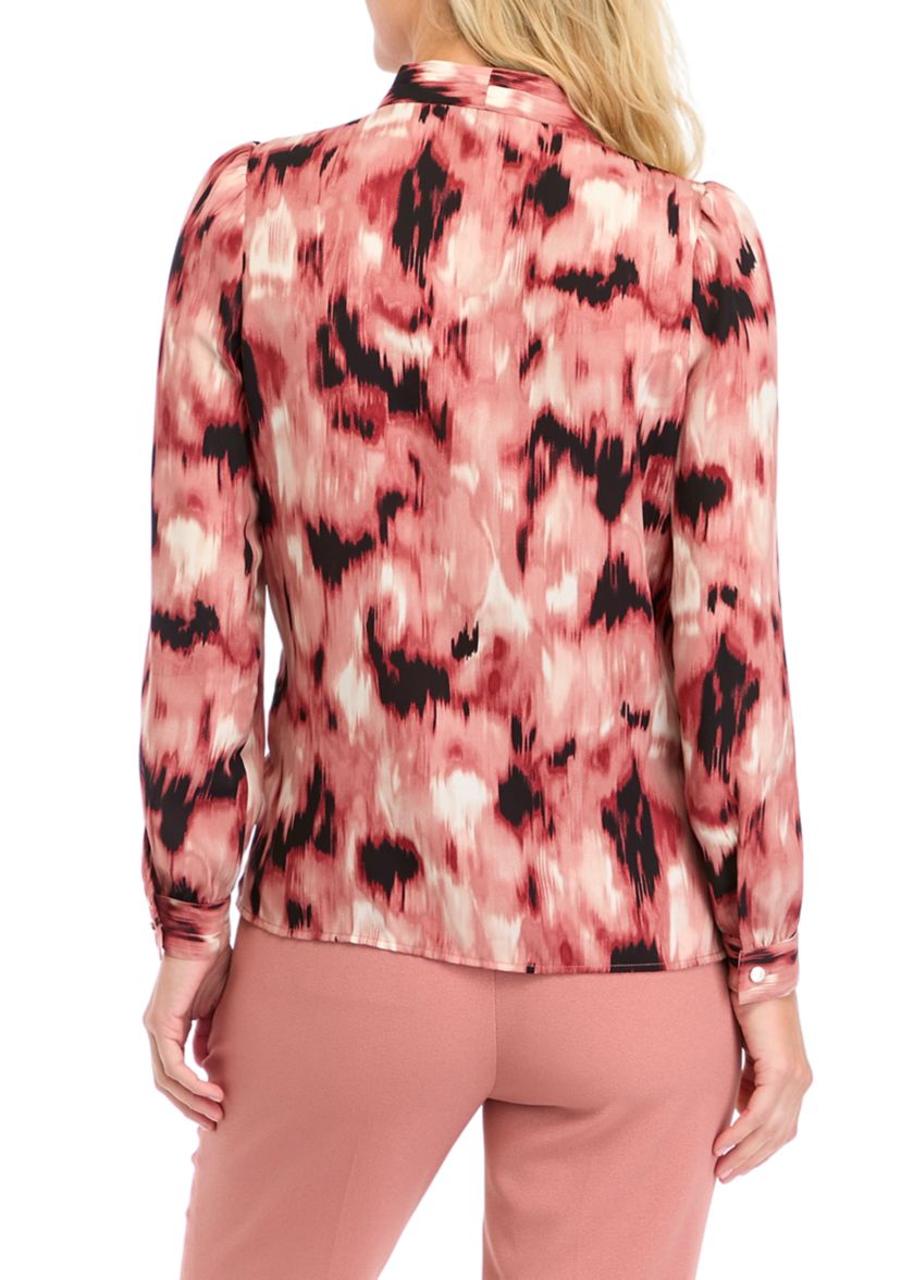 Petite Blurred Print Collarless Button Front Blouse