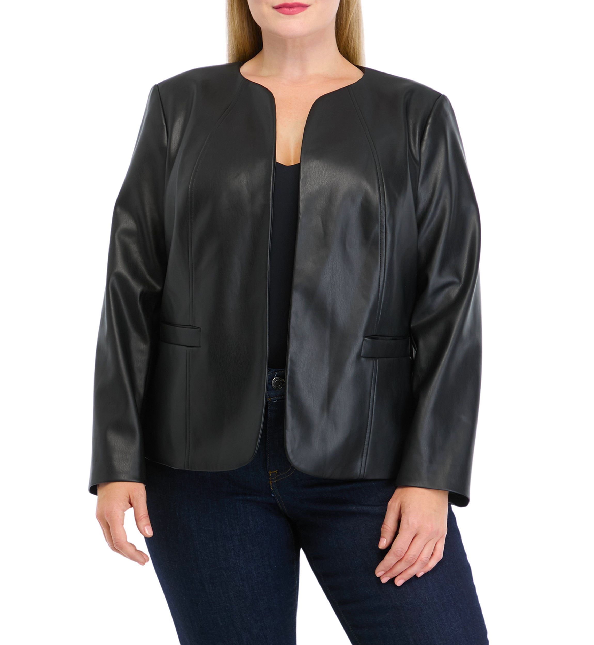 Plus Size Faux Leather Open Jacket