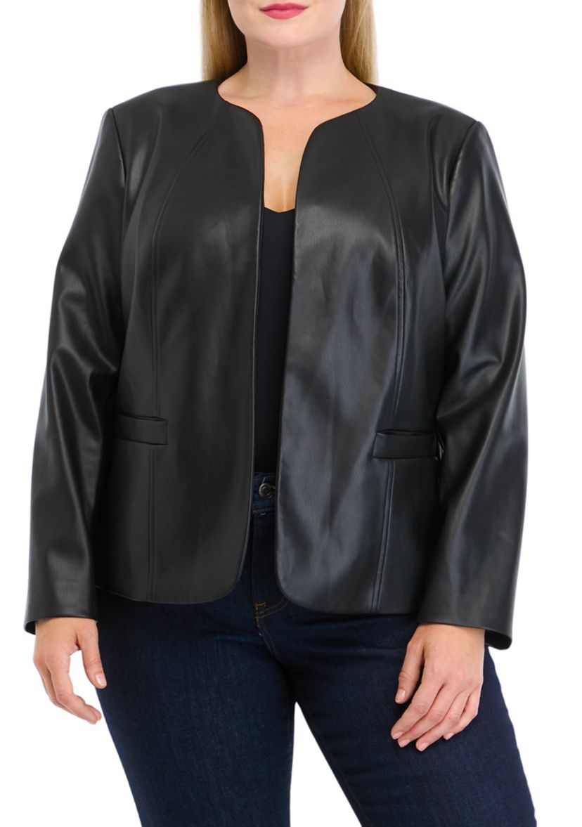 Plus Size Faux Leather Open Jacket