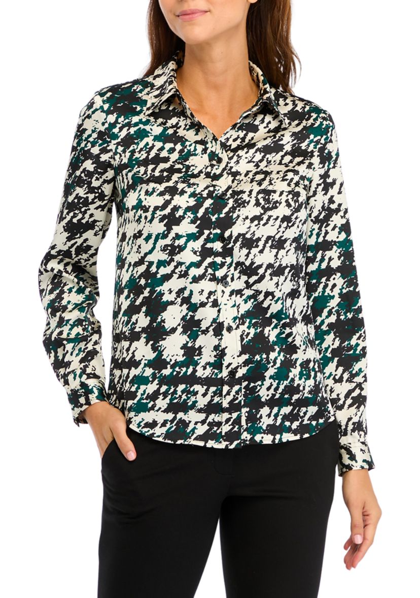 Womens Houndstooth Button Down Blouse