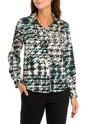 THE LIMITED Women's Petite Houndstooth Print Long Sleeve Button Front Blouse