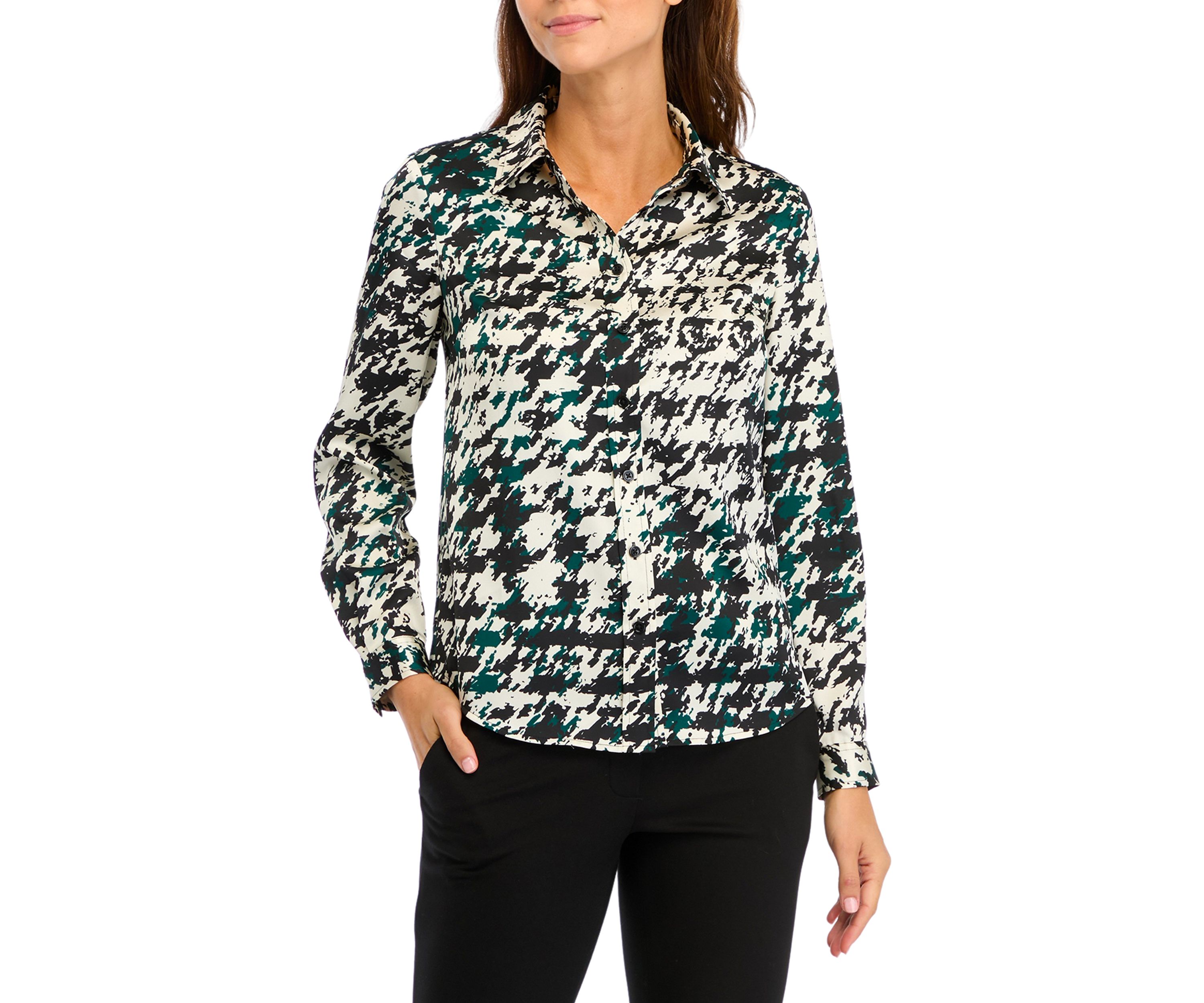 Petite Houndstooth Print Long Sleeve Button Front Blouse