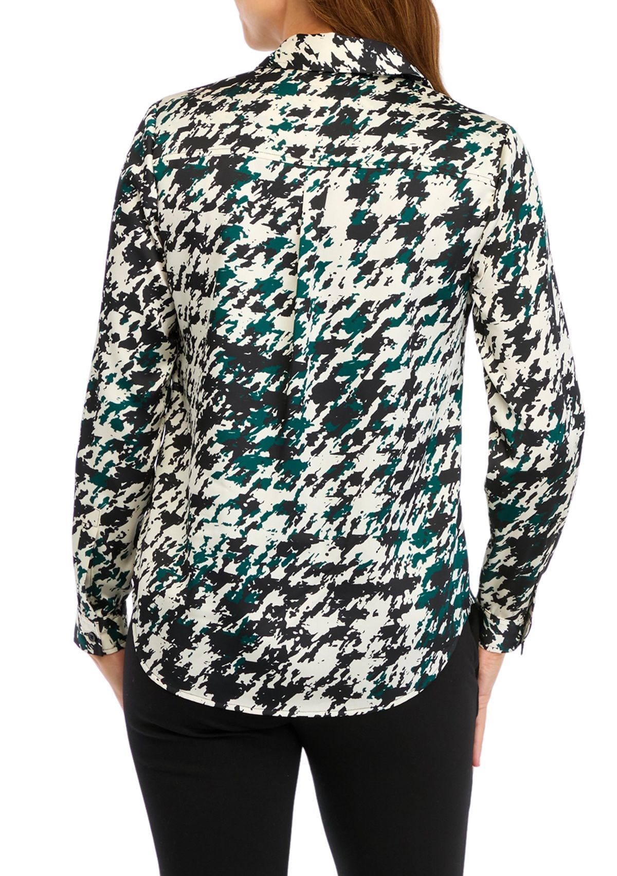 Casual Houndstooth Lapel Tweed Button long sleeve shirt tops for women