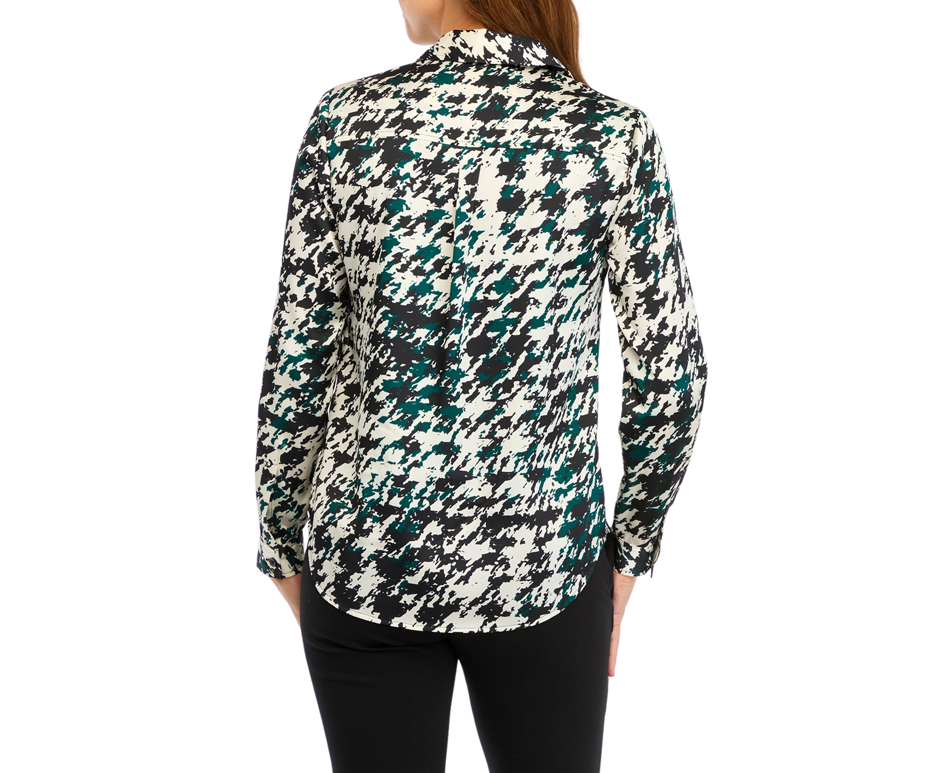 Petite Houndstooth Print Long Sleeve Button Front Blouse